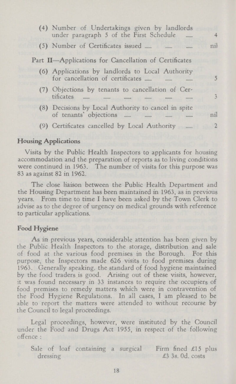 (4) Number of Undertakings given by landlords under paragraph 5 of the First Schedule 4 (5) Number of Certificates issued nil Part II—Applications for Cancellation of Certificates (6) Applications by landlords to Local Authority for cancellation of certificates 5 (7) Objections by tenants to cancellation of Cer tificates 3 (8) Decisions by Local Authority to cancel in spite of tenants' objections nil (9) Certificates cancelled by Local Authority 2 Housing Applications Visits by the Public Health Inspectors to applicants for housing accommodation and the preparation of reports as to living conditions were continued in 1963. The number of visits for this purpose was 83 as against 82 in 1962. The close liaison between the Public Health Department and the Housing Department has been maintained in 1963, as in previous years. From time to time I have been asked by the Town Clerk to advise as to the degree of urgency on medical grounds with reference to particular applications. Food Hygiene As in previous years, considerable attention has been given by the Public Health Inspectors to the storage, distribution and sale of food at the various food premises in the Borough. For this purpose, the Inspectors made 626 visits to food premises during 1963. Generally speaking. the standard of food hygiene maintained by the food traders is good. Arising out of these visits, however, it was found necessary in 33 instances to require the occupiers of food premises to remedy matters which were in contravention of the Food Hygiene Regulations. In all cases, I am pleased to be able to report the matters were attended to without recourse by the Council to legal proceedings. Legal proceedings, however, were instituted by the Council under the Food and Drugs Act 1955, in respect of the following offence: Sale of loaf containing a surgical Firm fined £15 plus dressing £3 3s. Od. costs 18