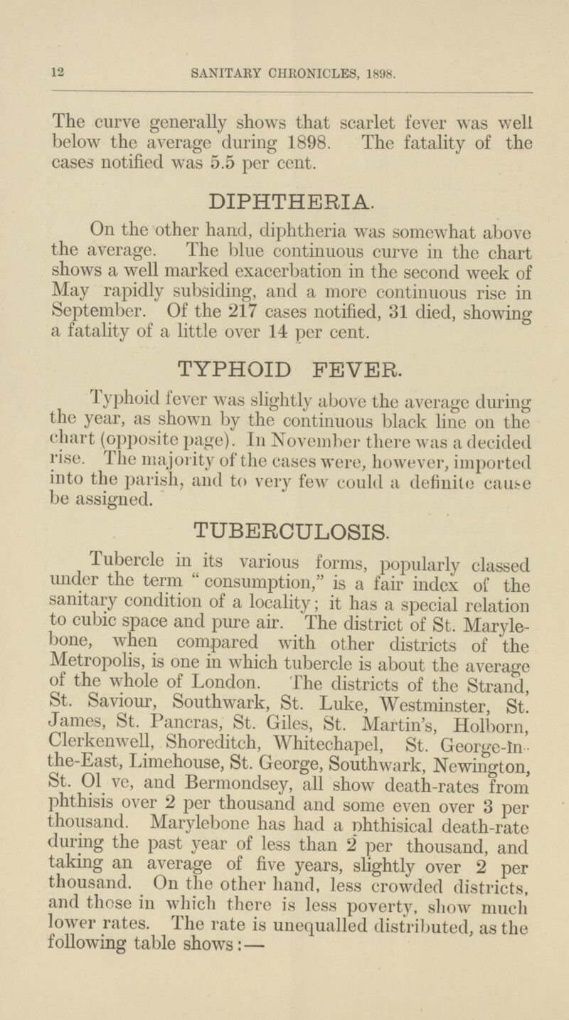 12 SANITARY CHRONICLES, 1898. The curve generally shows that scarlet fever was well below the average during 1898. The fatality of the cases notified was 5.5 per cent. DIPHTHERIA. On the other hand, diphtheria was somewhat above the average. The blue continuous curve in the chart shows a well marked exacerbation in the second week of May rapidly subsiding, and a more continuous rise in September. Of the 217 cases notified, 31 died, showing a fatality of a little over 14 per cent. TYPHOID FEVER. Typhoid fever was slightly above the average during the year, as shown by the continuous black line on the chart (opposite page). In November there was a decided rise. The majority of the cases were, however, imported into the parish, and to very few could a definite cause be assigned. TUBERCULOSIS. Tubercle in its various forms, popularly classed under the term consumption, is a fair index of the sanitary condition of a locality; it has a special relation to cubic space and pure air. The district of St. Maryle bone, when compared with other districts of the Metropolis, is one in which tubercle is about the average of the whole of London. The districts of the Strand, St. Saviour, Southwark, St. Luke, Westminster, St. James, St. Pancras, St. Giles, St. Martin's, Holborn, Clerkenwell, Shoreditch, Whitechapel, St. George-in the-East, Limehouse, St. George, Southwark, Newington, St. 01 ve, and Bermondsey, all show death-rates from phthisis over 2 per thousand and some even over 3 per thousand. Marylebone has had a phthisical death-rate during the past year of less than 2 per thousand, and taking an average of five years, slightly over 2 per thousand. On the other hand, less crowded districts, and those in which there is less poverty, show much lower rates. The rate is unequalled distributed, as the following table shows:—