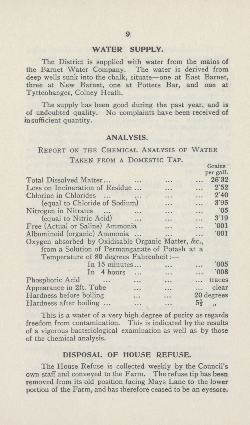 9 WATER SUPPLY. The District is supplied with water from the mains of the Barnet Water Company. The water is derived from deep wells sunk into the chalk, situate—one at East Barnet, three at New Barnet, one at Potters Bar, and one at Tyttenhanger, Colney Heath. The supply has been good during the past year, and is of undoubted quality. No complaints have been received of insufficient quantity. ANALYSIS. Report on the Chemical Analysis of Water Taken from a Domestic Tap. Grains per gall. Total Dissolved Matter 26.32 Loss on Incineration of Residue 2.52 Chlorine in Chlorides 2.40 (equal to Chloride of Sodium) 3.95 Nitrogen in Nitrates .05 (equal to Nitric Acid) 3.19 Free (Actual or Saline) Ammonia .001 Albuminoid (organic) Ammonia .001 Oxygen absorbed by Oxidisable Organic Matter, &c., from a Solution of Permanganate of Potash at a Temperature of 80 degrees Fahrenheit:— In 15 minutes .005 In 4 hours .008 Phosphoric Acid traces Appearance in 2ft. Tube clear Hardness before boiling 20 degrees Hardness after boiling 5½ „ This is a water of a very high degree of purity as regards freedom from contamination. This is indicated by the results of a vigorous bacteriological examination as well as by those of the chemical analysis. DISPOSAL OF HOUSE REFUSE. The House Refuse is collected weekly by the Council's own staff and conveyed to the Farm. The refuse tip has been removed from its old position facing Mays Lane to the lower portion of the Farm, and has therefore ceased to be an eyesore.