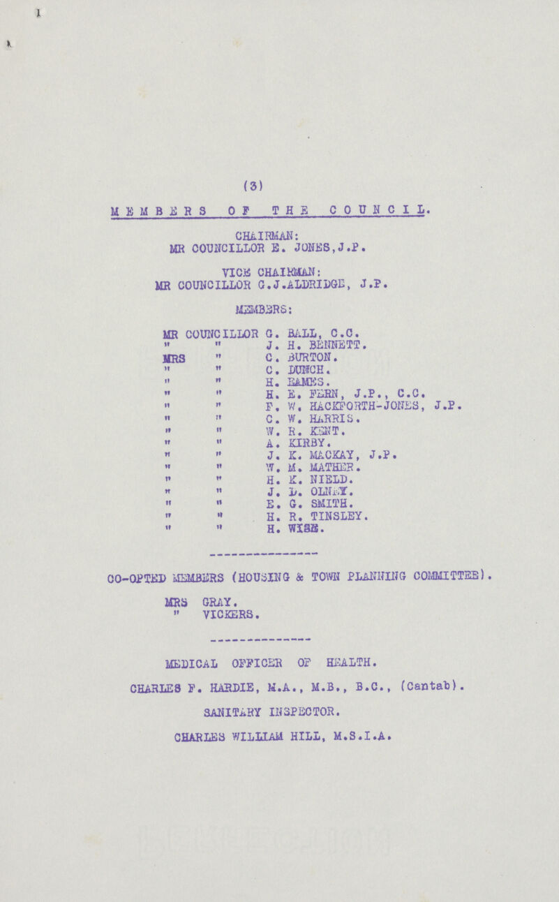 (3) MEMBER OF THE COUNCIL. CHAIRMAN: MR COUNCILLOR E. JONES,J.P. VICE CHAIRMAN: MR COUNCILLOR G.J.ALDRIDGE, J.P. MEMBERS: MR COUNCILLOR G. BALL, C.C.   J. H. BENNETT. MRS  C. BURTON.   C. DUNCH.   H. RAMES.   H. E. FERN, J.P., C.C.   F. W, HACKFORTH-JONES, J.P.   C. W. HARRIS.   W. R. KENT.  A. KIRBY.   J. K. MACKAY, J.P.   W. M. MATHER.   H. K. NIELD.   J. D. OLNEY.   E.G. SMITH.   H. R. TINSLEY.   H. WISE. CO-OPTED MEMBERS (HOUSING & TOWN PLANNING COMMITTEE). MRS GRAY.  VICKERS. MEDICAL OFFICER OF HEALTH. CHARLES F. HARDIE, M.A., M.B., B.C., (Cantab). SANITARY INSPECTOR. CHARLES WILLIAM HILL, M.S.I.A.