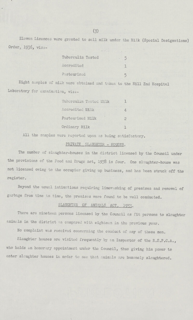 (3) Eleven Licences were granted to sell milk under the Milk (Special Designations) Order, 1936, viz:- Tuberculin Tested 5 Accredited 1 Pasteurised 5 Eight samples of milk were obtained and taken to the Hill End Hospital Laboratory for examination, viz:- Tuborculin Tested Milk 1 Accredited Milk 4 Pasteurised Milk 2 Ordinary Milk 1 All the samples were reported upon as being satisfactory. PRIVATE SLAUGHTER - HOUSES, The number of slaughter-houses in the district licensed by the Council under the provisions of the Food and Drugs Act, 1938 is four. One slaughter-house was not licensed owing to the occupier giving up business, and has been struck off the register. Beyond the usual intimations requiring limewashing of premises and removal of garbage from time to time, the premises were found to be well conducted. SLAUGHTER OF ANIMALS ACT. There are nineteen persons licensed by the Council as fit persons to slaughte: animals in the district as compared with eighteen in the previous year. No complaint was received concerning the conduct of any of these men. Slaughter houses are visited frequently by an Inspector of the R.S.P.C.A., who holds an honorary appointment under the Council, thus giving him power to enter slaughter houses in order to see that animals are humanely slaughtered.