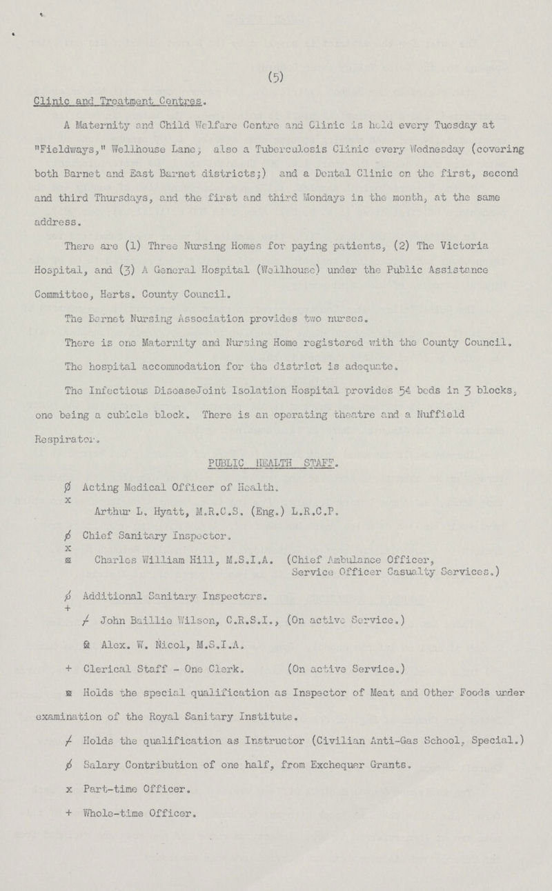 (5) Clinic and Treatment Centres. A Maternity and Child Welfare Centre and Clinic is hold every Tuesday at Fieldways, Wellhouse Lane; also a Tuberculosis Clinic every Wednesday (covering both Barnet and East Barnet districts;) and a Dental Clinic on the first, second and third Thursdays, and the first and third Mondays in the month, at the same address. There are (l) Three Nursing Homes for paying patients, (2) The Victoria Hospital, and (3) A General Hospital (Wellhouse) under the Public Assistance Committee, Herts. County Council. The Bornet Nursing Association provides two nurses. There is one Maternity and Nursing Home registered with the County Council. The hospital accommodation for the district is adequate. The Infectious Disease Joint Isolation Hospital provides 54 beds in 3 blocks, one being a cubicle block. There is an operating theatre and a Nuffield Respirator. PUBLIC HEALTH STAFF. ø Acting Medical Officer of Health. x Arthur L Hyatt, M.R.C.S, (Eng.) L.R.C.P. ø Chief Sanitary Inspector. x ¤ Charles William Hill, M.S.I.A. (Chief Ambulance Officer, Service Officer Casualty Services.) ø Additional Sanitary Inspectors. + John Baillie Wilson, C.R.S.I., (On active Service.) & Alex. W. Nicol, M.S.I.A. + Clerical Staff - One Clerk. (On active Service.) ¤ Holds the special qualification as Inspector of Meat and Other Foods under examination of the Royal Sanitary Institute. / Holds the qualification as Instructor (Civilian Anti-Gas School, Special.) øSalary Contribution of one half, from Exchequer Grants. x Part-time Officer. + Whole-time Officer.