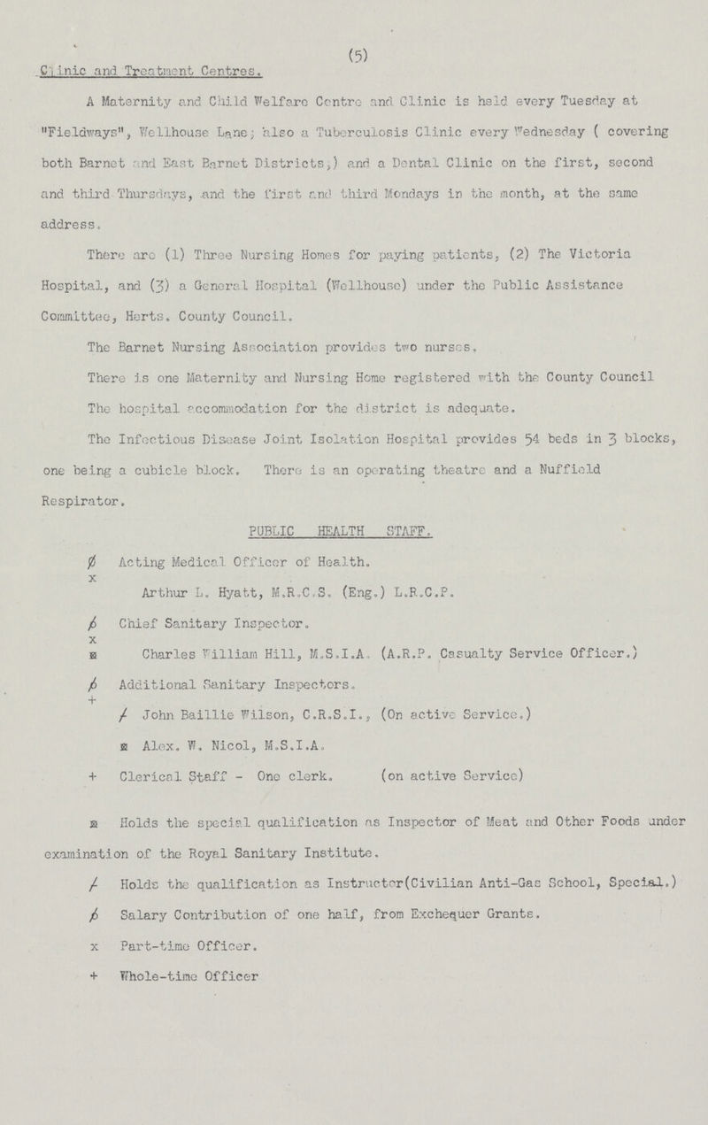 (5) Clinic and Treatment Centres. A Maternity and Child Welfare Centre and Clinic is held every Tuesday at Fieldways, Wellhouse Lane; also a Tuberculosis Clinic every Wednesday ( covering both Barnet and East Barnet Districts,) and a Dental Clinic on the first, second and third Thursdays, and the first and third Mondays in the month, at the same address. There are (l) Three Nursing Homes for paying patients, (2) The Victoria Hospital, and (3) a General Hospital (Wellhouse) under the Public Assistance Committee, Herts. County Council. The Barnet Nursing Association provides two nurses. There is one Maternity and Nursing Home registered with the County Council The hospital accommodation for the district is adequate. The Infectious Disease Joint Isolation Hospital provides 54 beds in 3 blocks, one being a cubicle block. There is an operating theatre and a Nuffield Respirator. PUBLIC HEALTH STAFF. Acting Medical Officer of Health. Arthur L. Hyatt, M.R.C.S. (Eng.) L.R.C.P. Chief Sanitary Inspector. Charles William Hill, M.S.I.A. (A.R.P. Casualty Service Officer.) Additional Sanitary Inspectors. John Baillie Wilson, C.R.S.I., (On active Service.) Alex. W. Nicol, M.S.I.A. Clerical Staff - One clerk. (on active Service) Holds the special qualification as Inspector of Meat and Other Foods under examination of the Royal Sanitary Institute. Holds the qualification as Instructor(Civilian Anti-Gas School, Special.) Salary Contribution of one half, from Exchequer Grants. Part-time Officer. Whole-time Officer