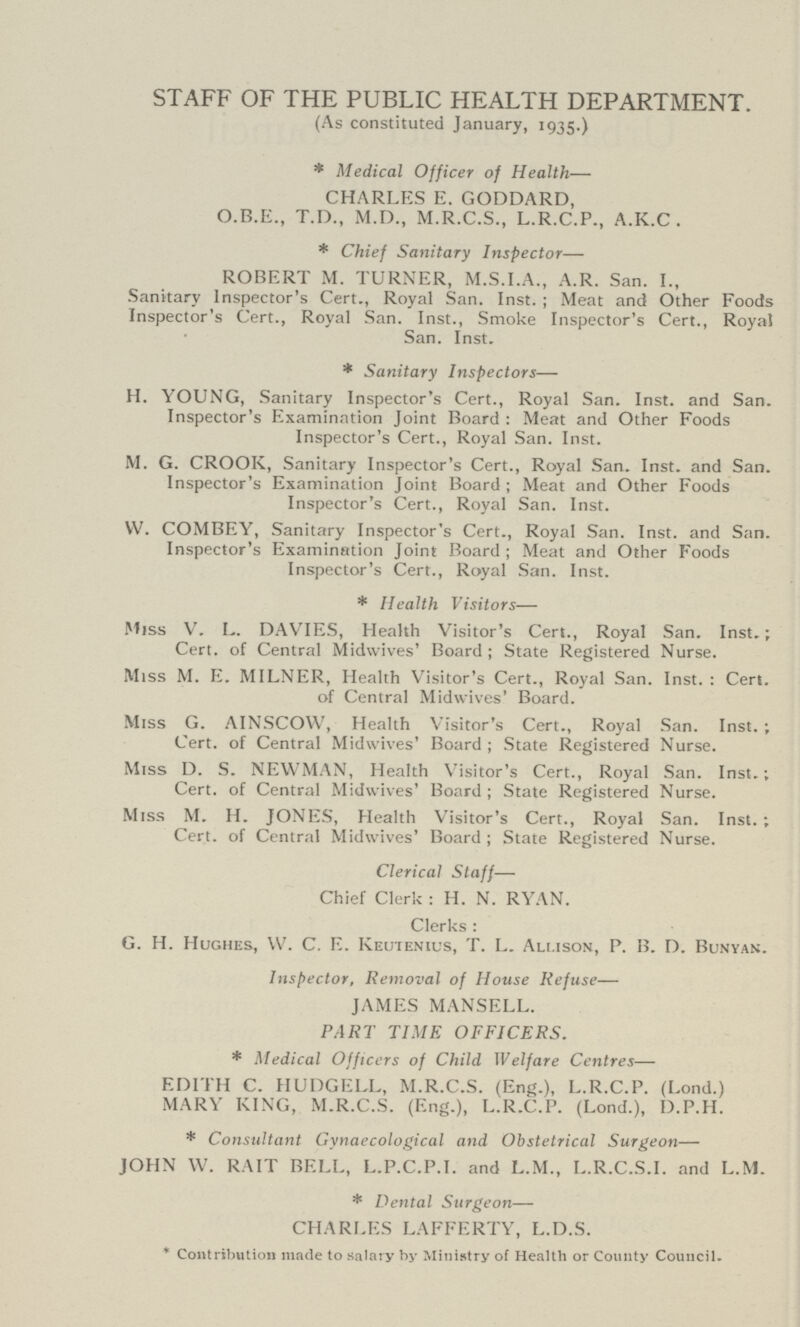 STAFF OF THE PUBLIC HEALTH DEPARTMENT. (As constituted January, 1935.) * Medical Officer of Health— CHARLES E. GODDARD, O.B.E., T.D., M.D., M.R.C.S., L.R.C.P., A.K.C. * Chief Sanitary Inspector— ROBERT M. TURNER, M.S.I.A., A.R. San. I., Sanitary Inspector's Cert., Royal San. Inst. ; Meat and Other Foods Inspector's Cert., Royal San. Inst., Smoke Inspector's Cert., Royal San. Inst, * Sanitary Inspectors— H. YOUNG, Sanitary Inspector's Cert., Royal San. Inst. and San. Inspector's Examination Joint Board : Meat and Other Foods Inspector's Cert., Royal San. Inst. M. G. CROOK, Sanitary Inspector's Cert., Royal San. Inst. and San. Inspector's Examination Joint Board ; Meat and Other Foods Inspector's Cert., Royal San. Inst. W. COMBEY, Sanitary Inspector's Cert., Royal San. Inst. and San. Inspector's Examination Joint Board ; Meat and Other Foods Inspector's Cert., Royal San. Inst. * Health Visitors— Miss V. L. DAVIES, Health Visitor's Cert., Royal San. Inst.; Cert. of Central Midwives' Board ; State Registered Nurse. Miss M. E. MILNER, Health Visitor's Cert., Royal San. Inst. : Cert. of Central Midwives' Board. Miss G. AINSCOW, Health Visitor's Cert., Royal San. Inst. ; Cert. of Central Midwives' Board; State Registered Nurse. Miss D. S. NEWMAN, Health Visitor's Cert., Royal San. Inst.; Cert. of Central Midwives' Board ; State Registered Nurse. Miss M. H. JONES, Health Visitor's Cert., Royal San. Inst. ; Cert, of Central Midwives' Board; State Registered Nurse. Clerical Staff— Chief Clerk : H. N. RYAN. Clerks : G. H. Hughes, W. C. E. Keutenius, T. L. Almson, P. B. D. Bunyan. Inspector, Removal of House Refuse— JAMES MANSELL. PART TIME OFFICERS. * Medical Officers of Child Welfare Centres— EDITH C. HUDGELL, M.R.C.S. (Eng.), L.R.C.P. (Lond.) MARY KING, M.R.C.S. (Eng.), L.R.C.P. (Lond.), D.P.H. * Consultant Gynaecological and Obstetrical Surgeon— JOHN W. RAIT BELL, L.P.C.P.I. and L.M., L.R.C.S.I. and L.M. * Dental Surge on— CHARLES LAFFERTY, L.D.S. * Contribution made to salary by Ministry of Health or County Council.