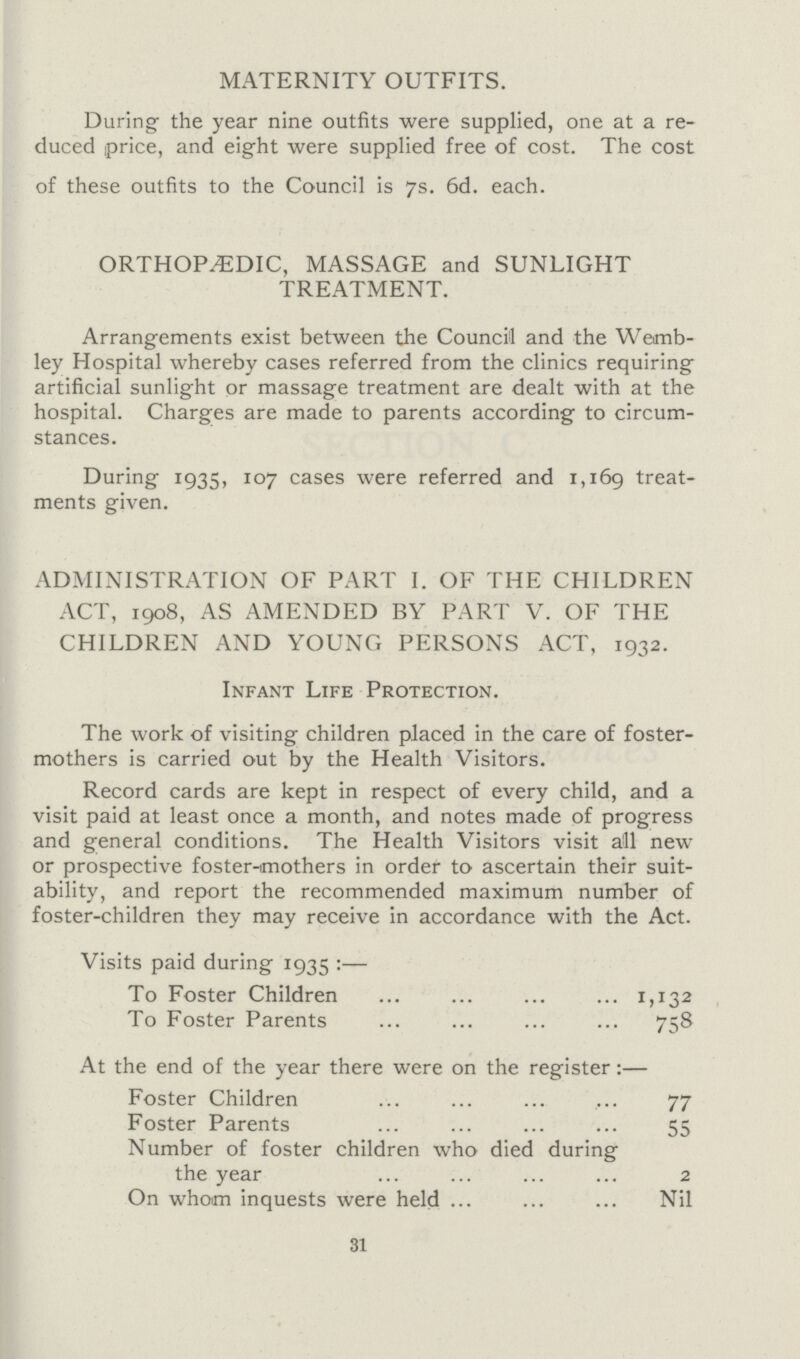 MATERNITY OUTFITS. During the year nine outfits were supplied, one at a re duced price, and eight were supplied free of cost. The cost of these outfits to the Council is 7s. 6d. each. ORTHOPEDIC, MASSAGE and SUNLIGHT TREATMENT. Arrangements exist between the Council and the Wemb ley Hospital whereby cases referred from the clinics requiring artificial sunlight or massage treatment are dealt with at the hospital. Charges are made to parents according to circum stances. During 1935, 107 cases were referred and 1,169 treat ments given. ADMINISTRATION OF PART I. OF THE CHILDREN ACT, 1908, AS AMENDED BY PART V. OF THE CHILDREN AND YOUNG PERSONS ACT, 1932. Infant Life Protection. The work of visiting children placed in the care of foster mothers is carried out by the Health Visitors. Record cards are kept in respect of every child, and a visit paid at least once a month, and notes made of progress and general conditions. The Health Visitors visit all new or prospective foster-mothers in order to ascertain their suit ability, and report the recommended maximum number of foster-children they may receive in accordance with the Act. Visits paid during 1935:— To Foster Children 1,132 To Foster Parents 758 At the end of the year there were on the register Foster Children 77 Foster Parents 55 Number of foster children who died during the year 2 On whom inquests were held Nil 31