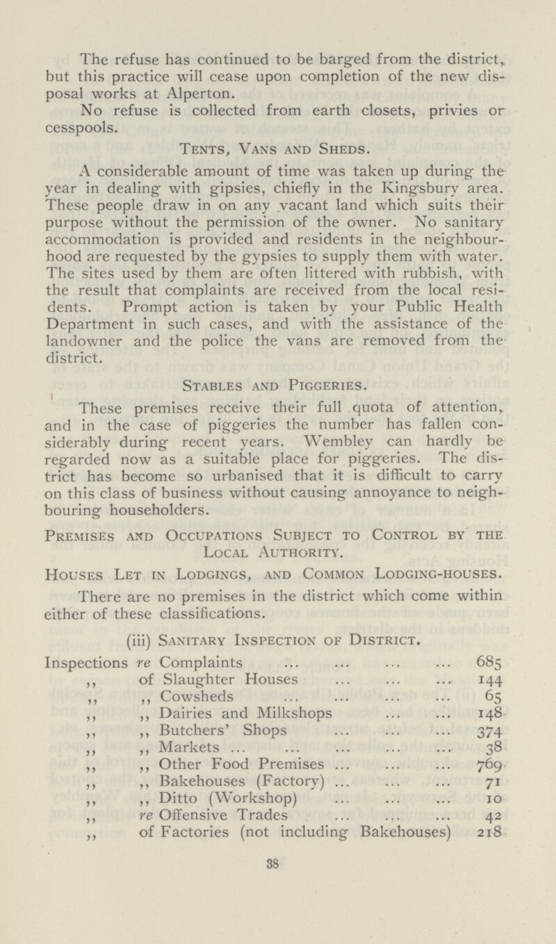 The refuse has continued to be barged from the district,, but this practice will cease upon completion of the new dis posal works at Alperton. No refuse is collected from earth closets, privies or cesspools. Tents, Vans and Sheds. A considerable amount of time was taken up during the year in dealing with gipsies, chiefly in the Kingsbury area. These people draw in on any vacant land which suits their purpose without the permission of the owner. No sanitary accommodation is provided and residents in the neighbour hood are requested by the gypsies to supply them with water. The sites used by them are often littered with rubbish, with the result that complaints are received from the local resi dents. Prompt action is taken by your Public Health Department in such cases, and with the assistance of the landowner and the police the vans are removed from the district. Stables and Piggeries. These premises receive their full quota of attention, and in the case of piggeries the number has fallen con siderably during recent years. Wembley can hardly be regarded now as a suitable place for piggeries. The dis trict has become so urbanised that it is difficult to carry on this class of business without causing annoyance to neigh bouring householders. Premises and Occupations Subject to Control by the Local Authority. Houses Let in Lodgings, and Common Lodging-houses. There are no premises in the district which come within either of these classifications. 38 (iii) Sanitary Inspection of District. Inspections re Complaints 685 ,, of Slaughter Houses 144 ,, ,, Cowsheds 65 ,, ,, Dairies and Milkshops 148 ,, ,, Butchers' Shops 374 ,, ,, Markets 38 ,, ,, Other Food Premises 769 ,, ,, Bakehouses (Factory) 71 ,, ,, Ditto (Workshop) 10 ,, re Offensive Trades 42 ,, of Factories (not including Bakehouses) 218