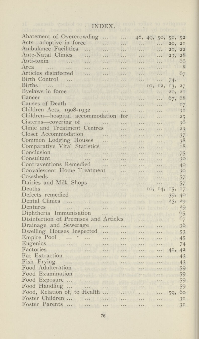 INDEX. Abatement of Overcrowding 48, 49, 50, 51, 52 Acts—adoptive in force 20, 21 Ambulance Facilities 21, 22 Ante-Natal Clinics 23, 28 Anti-toxin 66 Area 8 Articles disinfected 67 Birth Control 74, Births 10, 12, 13, 27 Byelaws in force 20, 21 Cancer 67, 68 Causes of Death 17 Children Acts, 1908-1932 31 Children—hospital accommodation for 25 Cisterns—covering of 36 Clinic and Treatment Centres 23 Closet Accommodation 37 Common Lodging Houses 38 Comparative Vital Statistics 18 Conclusion 75 Consultant 30 Contraventions Remedied 40 Convalescent Home Treatment 30 Cowsheds 57 Dairies and Milk Shops 57 Deaths 10, 14,15, 17 Defects remedied 39, 40 Dental Clinics 23, 29 Dentures 29 Diphtheria Immunisation 65 Disinfection of Premises and Articles 67 Drainage and Sewerage 36 Dwelling Houses Inspected 53 Empire Pool 45 Eugenics 74 Factories 41, 42 Fat Extraction 43 Fish Frying 43 Food Adulteration 59 Food Examination 59 Food Exposure 59 Food Handling 59 Food, Relation of, to Health 59, 60 Foster Children 31 Foster Parents 31 76