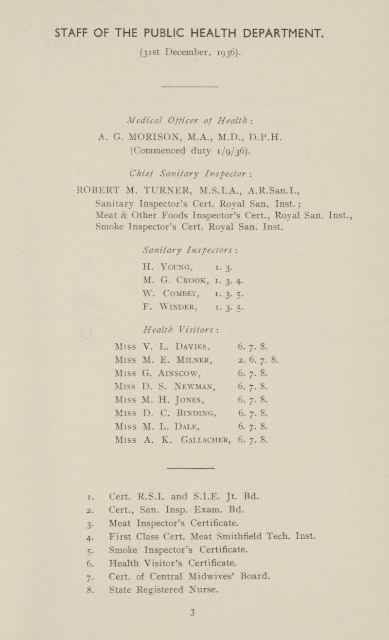 STAFF OF THE PUBLIC HEALTH DEPARTMENT (31st December, 1936). Medical Officer of Health: A. G. MORI SON, M.A., M.D., D.P.H. (Commenced duty 1/9/36). Chief Sanitary Inspector: ROBERT M. TURNER, M.S.I.A., A.R.San.I., Sanitary Inspector's Cert. Royal San. Inst. ; Meat & Other Foods Inspector's Cert., Royal San. Inst., Smoke Inspector's Cert. Royal San. Inst. Sanitary Inspectors: H. Young, 1.3. M. G. Crook, 1.3.4. W. Combey, 1.3.5. F. Winder, 1.3.5. Health Visitors: Miss V. L. Davies, 6.7.8. Miss M. E. Milner, 2.6.7.8. Miss G. Ainscow, 6.7.8. Miss D. S. Newman, 6.7.8. Miss M. H. Jones, 6.7.8. Miss D. C. Binding, 6.7.8. Miss M. L. Dale, 6.7.8. Miss A. K. Gallagher, 6.7.8. 1. Cert. R.S.I. and S.I.E. Jt. Bd. 2. Cert., San. Insp. Exam. Bd. 3. Meat Inspector's Certificate. 4. First Class Cert. Meat Smithfield Tech. Inst. 5. Smoke Inspector's Certificate. 6. Health Visitor's Certificate. 7. Cert. of Central Midwives' Board. 8. State Registered Nurse. 3