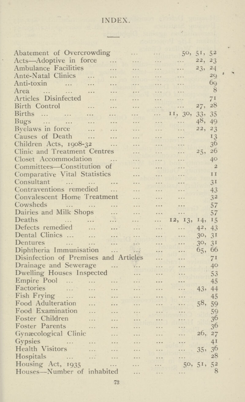 INDEX. Abatement of Overcrowding 50, 51, 52 Acts—Adoptive in force 22, 23 Ambulance Facilities 23, 24 Ante-Natal Clinics 29 Anti-toxin 69 Area 8 Articles Disinfected 71 Birth Control 27, 28 Births 11, 30, 33, 35 Bugs 48, 49 Byelaws in force 22, 23 Causes of Death 13 Children Acts, 1908-32 36 Clinic and Treatment Centres 25, 26 Closet Accommodation 40 Committees—Constitution of 2 Comparative Vital Statistics 11 Consultant 31 Contraventions remedied 43 Convalescent Home Treatment 32 Cowsheds 57 Dairies and Milk Shops 57 Deaths 12, 13, 14, 15 Defects remedied 42, 43 Dental Clinics 30, 31 Dentures 30, 31 Diphtheria Immunisation 65, 66 Disinfection of Premises and Articles 71 Drainage and Sewerage 40 Dwelling Houses Inspected 53 Empire Pool 45 Factories 43, 44 Fish Frying 45 Food Adulteration 58, 59 Food Examination 59 Foster Children 36 Foster Parents 36 Gynaecological Clinic 26, 27 Gypsies 41 Health Visitors 35, 36 Hospitals 28 Housing Act, 1935 50, 51, 52 Houses—Number of inhabited 8 73