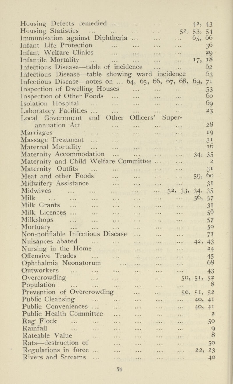 Housing Defects remedied 42, 43 Housing Statistics 52, 53, 54 Immunisation against Diphtheria 65, 66 Infant Life Protection 36 Infant Welfare Clinics 29 Infantile Mortality 17, 18 Infectious Disease—table of incidence 62 Infectious Disease—table showing ward incidence 63 Infectious Disease—notes on 64, 65, 66, 67, 68, 69, 71 Inspection of Dwelling Houses 53 Inspection of Other Foods 60 Isolation Hospital 69 Laboratory Facilities 23 Local Government and Other Officers' Super annuation Act 28 Marriages 19 Massage Treatment 31 Maternal Mortality 16 Maternity Accommodation 34, 35 Maternity and Child Welfare Committee 2 Maternity Outfits 31 Meat and other Foods 59, 60 Midwifery Assistance 31 Midwives 32, 33, 34, 35 Milk 55, 57 Milk Grants 31 Milk Licences 56 Milkshops 57 Mortuary 50 Non-notifiable Infectious Disease 71 Nuisances abated 42, 43 Nursing in the Home 24 Offensive Trades 45 Ophthalmia Neonatorum 68 Outworkers 43 Overcrowding 50, 51, 52 Population 8 Prevention of Overcrowding 50, 51, 52 Public Cleansing 40, 41 Public Conveniences 40, 41 Public Health Committee 2 Rag Flock 50 Rainfall 9 Rateable Value 8 Rats—destruction of 50 Regulations in force 22, 23 Rivers and Streams 40 74