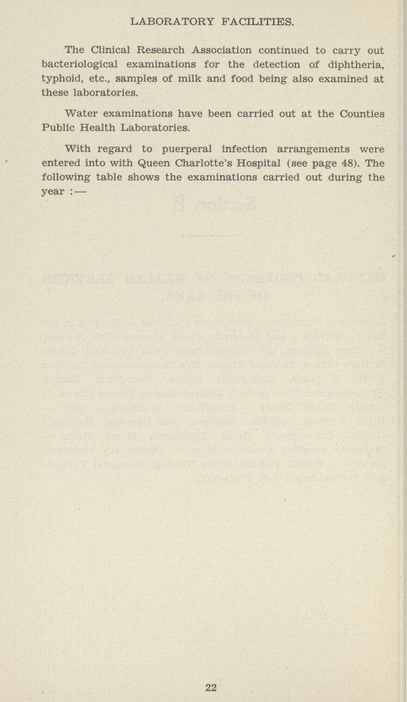 LABORATORY FACILITIES. The Clinical Research Association continued to carry out bacteriological examinations for the detection of diphtheria, typhoid, etc., samples of milk and food being also examined at these laboratories. Water examinations have been carried out at the Counties Public Health Laboratories. With regard to puerperal infection arrangements were entered into with Queen Charlotte's Hospital (see page 48). The following table shows the examinations carried out during the year:- 22