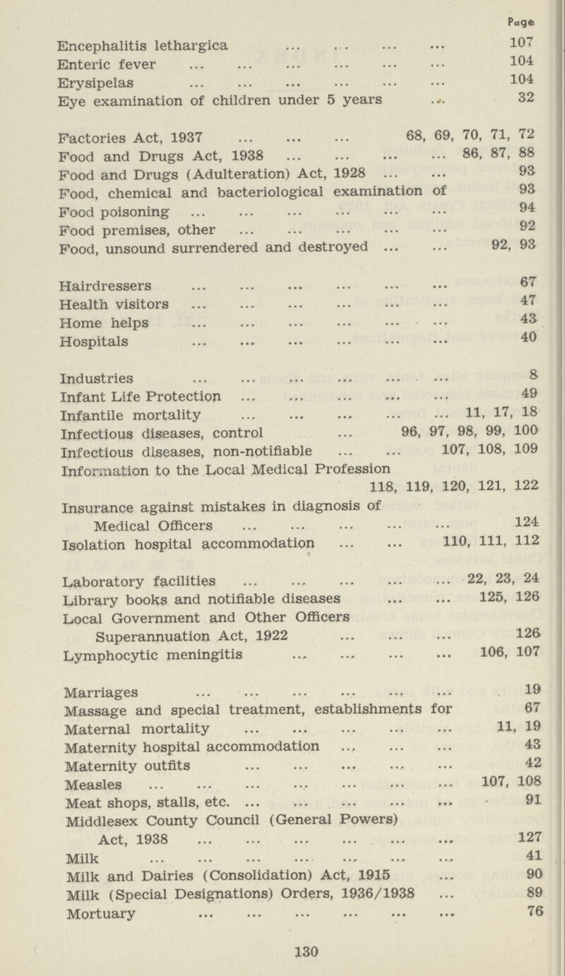 Page Encephalitis lethargica 107 Enteric fever 104 Erysipelas 104 Eye examination of children under 5 years 32 Factories Act, 1937 68, 69, 70, 71, 72 Food and Drugs Act, 1938 86, 87, 88 Food and Drugs (Adulteration) Act, 1928 93 Food, chemical and bacteriological examination of 93 Food poisoning 94 Food premises, other 92 Food, unsound surrendered and destroyed 92, 93 Hairdressers 67 Health visitors 47 Home helps 43 Hospitals 40 Industries 8 Infant Life Protection 49 Infantile mortality 11, 17, 18 Infectious diseases, control 96, 97, 98, 99, 100 Infectious diseases, non-notifiable 107, 108, 109 Information to the Local Medical Profession 118, 119, 120, 121, 122 Insurance against mistakes in diagnosis of Medical Officers 124 Isolation hospital accommodation 110, 111, 112 * Laboratory facilities 22, 23, 24 Library books and notifiable diseases 125, 126 Local Government and Other Officers Superannuation Act, 1922 126 Lymphocytic meningitis 106, 107 Marriages . 19 Massage and special treatment, establishments for 67 Maternal mortality 11, 19 Maternity hospital accommodation 43 Maternity outfits 42 Measles 107, 108 Meat shops, stalls, etc. 91 Middlesex County Council (General Powers) Act, 1938 127 Milk 41 Milk and Dairies (Consolidation) Act, 1915 90 Milk (Special Designations) Orders, 1936/1938 89 Mortuary 76 130