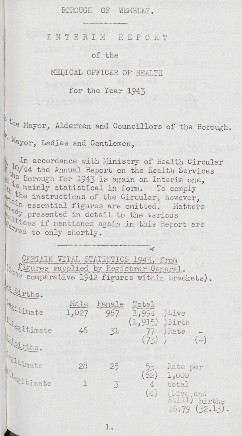 BOROUGH OF WEMBLEY. INTERIM REPORT of the MEDICAL OFFICER OF HEALTH for the Year 1943 To the Mayor, Aldermen and Councillors of the Borough. Mr. Mayor, Ladies and Gentlemen, In accordance with Ministry of Health Circular 10/44 the Annual Report on the Health Services The Borough for 1943 is again an Interim one, mainly statistical in form. To comply with the instructions of the Circular, however, certain essential figures are omitted. Matters Already presented in detail to the various comittees if mentioned again in this Report are referred to only shortly. CERTAIN VITAL STATISTICS 1943, from figures supplied by Registrar General. (some comparative 1942 figures within brackets). Live Births. Male Female Total Legitimate 1,027 967 1,994 Live (1,915) Birth Illegitimate 46 31 77 Rate (73) (-) Stillbirths. Legitimate 28 25 53 Rate per (62) 1,000 Illegitimate 1 3 4 total (4) (Live and Still) births 26.79 (32.13).