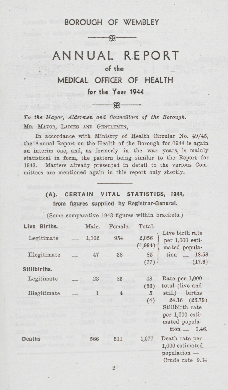 BOROUGH OF WEMBLEY ANNUAL REPORT of the MEDICAL OFFICER OF HEALTH for the Year 1944 To the Mayor, Aldermen and Councillors of the Borough. Mr. Mayor, Ladies and Gentlemen, In accordance with Ministry of Health Circular No. 49/45, the Annual Report on the Health of the Borough for 1944 is again an interim one, and, as formerly in the war years, is mainly statistical in form, the pattern being similar to the Report for 1943. Matters already presented in detail to the various Com mittees are mentioned again in this report only shortly. (A). CERTAIN VITAL STATISTICS, 1944, from figures supplied by Registrar-General. (Some comparative 1943 figures within brackets.) Live Births. Male. Female. Total. Legitimate 1,102 954 2,056 Live birth rate per 1,000 esti mated popula tion 18.58 (l,994) Illegitimate 47 38 85 (77) (17.6) Stillbirths. Legitimate 23 25 48 Rate per 1,000 total (live and still) births 24.16 (26.79) Stillbirth rate per 1,000 esti mated popula tion 0.46. (53) Illegitimate 1 4 5 (4) Deaths 566 511 1,077 Death rate per 1,000 estimated population — Crude rate 9.34 2