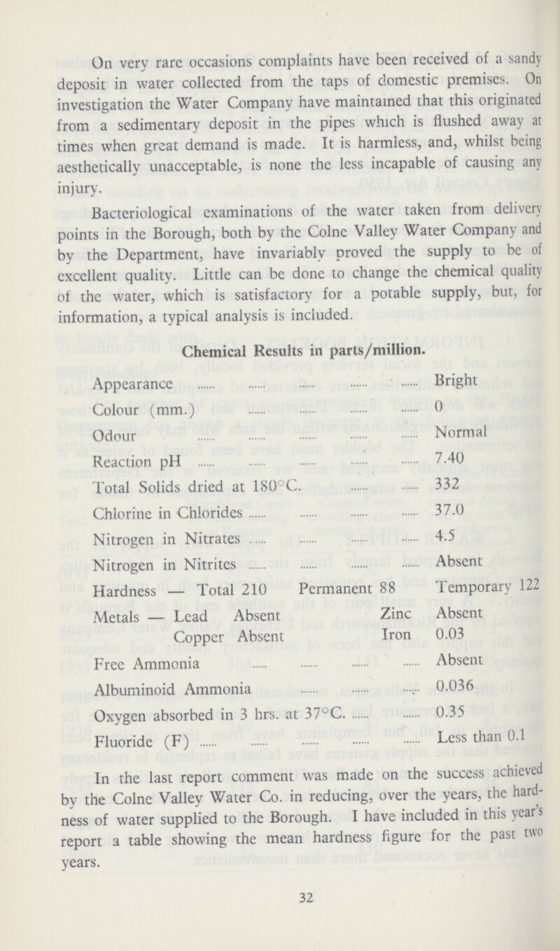 On very rare occasions complaints have been received of a sandy deposit in water collected from the taps of domestic premises. On investigation the Water Company have maintained that this originated from a sedimentary deposit in the pipes which is flushed away at times when great demand is made. It is harmless, and, whilst being aesthetically unacceptable, is none the less incapable of causing any injury. Bacteriological examinations of the water taken from delivery points in the Borough, both by the Colne Valley Water Company and by the Department, have invariably proved the supply to be of excellent quality. Little can be done to change the chemical quality of the water, which is satisfactory for a potable supply, but, for information, a typical analysis is included. Chemical Results in parts/million. Appearance Bright Colour (mm.) 0 Odour Normal Reaction pH 7.40 Total Solids dried at 180°C. 332 Chlorine in Chlorides 37.0 Nitrogen in Nitrates 4.5 Nitrogen in Nitrites Absent Hardness — Total 210 Permanent 88 Temporary 122 Metals — Lead Absent Zinc Absent Copper Absent Iron 0.03 Free Ammonia Absent Albuminoid Ammonia 0.036 Oxygen absorbed in 3 hrs. at 37°C. 0.35 Fluoride (F) Less than 0.1 In the last report comment was made on the success achieved by the Colne Valley Water Co. in reducing, over the years, the hard ness of water supplied to the Borough. I have included in this year's report a table showing the mean hardness figure for the past two years. 32