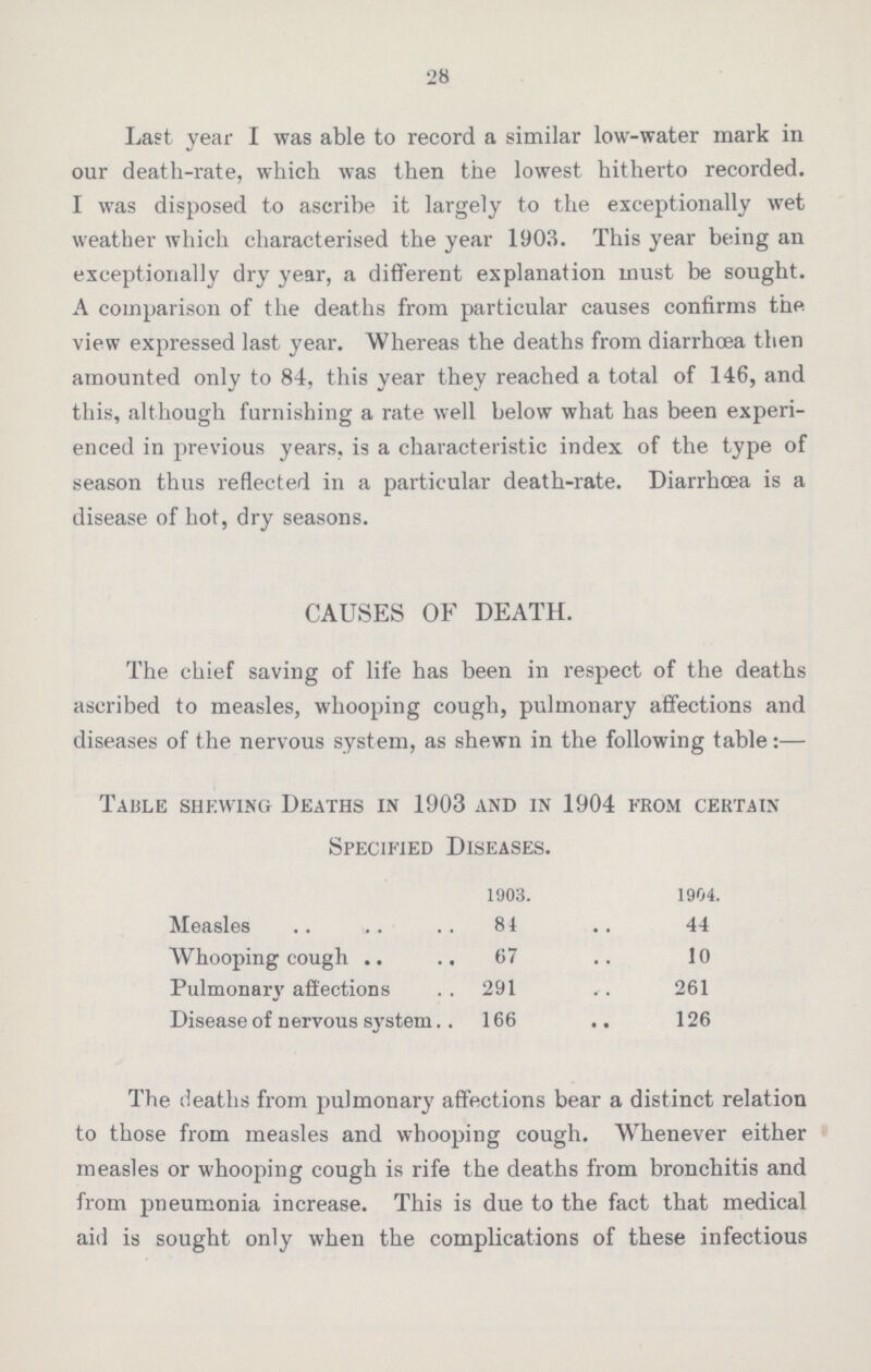 28 Last year I was able to record a similar low-water mark in our death-rate, which was then the lowest hitherto recorded. I was disposed to ascribe it largely to the exceptionally wet weather which characterised the year 1903. This year being an exceptionally dry year, a different explanation must be sought. A comparison of the deaths from particular causes confirms the view expressed last year. Whereas the deaths from diarrhoea then amounted only to 84, this year they reached a total of 146, and this, although furnishing a rate well below what has been experi enced in previous years, is a characteristic index of the type of season thus reflected in a particular death-rate. Diarrhoea is a disease of hot, dry seasons. CAUSES OF DEATH. The chief saving of life has been in respect of the deaths ascribed to measles, whooping cough, pulmonary affections and diseases of the nervous system, as shewn in the following table:— Table shewing Deaths in 1903 and in 1904 from certain Specified Diseases. 1903. 1904. Measles 84 44 Whooping cough 67 10 Pulmonary affections 291 261 Disease of nervous system 166 126 The deaths from pulmonary affections bear a distinct relation to those from measles and whooping cough. Whenever either measles or whooping cough is rife the deaths from bronchitis and from pneumonia increase. This is due to the fact that medical aid is sought only when the complications of these infectious