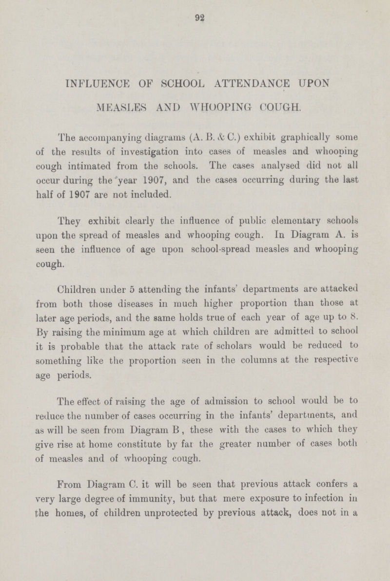 92 INFLUENCE OF SCHOOL ATTENDANCE UPON MEASLES AND WHOOPING COUGH. The accompanying diagrams (A. B. & C.) exhibit graphically some of the results of investigation into cases of measles and whooping cough intimated from the schools. The cases analysed did not all occur during the year 1907, and the cases occurring during the last half of 1907 are not included. They exhibit clearly the influence of public elementary schools upon the spread of measles and whooping cough. In Diagram A. is seen the influence of age upon school-spread measles and whooping cough. Children under 5 attending the infants' departments are attacked from both those diseases in much higher proportion than those at later age periods, and the same holds true of each year of age up to 8. By raising the minimum age at which children are admitted to school it is probable that the attack rate of scholars would be reduced to something like the proportion seen in the columns at the respective age periods. The effect of raising the age of admission to school would be to reduce the number of cases occurring in the infants' departments, and as will be seen from Diagram B, these with the cases to which they give rise at home constitute by fat the greater number of cases both of measles and of whooping cough. From Diagram C. it will be seen that previous attack confers a very large degree of immunity, but that mere exposure to infection in the homes, of children unprotected by previous attack, does not in a