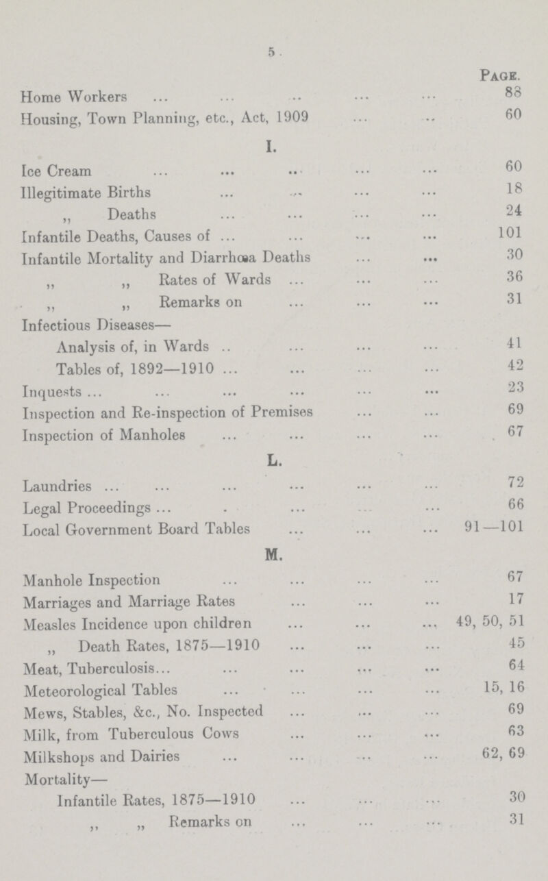 5 Pack. Home Workers 83 Housing, Town Planning, etc., Act, 1909 60 I. Ice Cream 60 Illegitimate Births 18 „ Deaths 24 Infantile Deaths, Causes of 101 Infantile Mortality and Diarrhcea Deaths 30 „ ,, Rates of Wards 36 ,, „ Remarks on 31 Infectious Diseases— Analysis of, in Wards 41 Tables of, 1892—1910 42 Inquests 23 Inspection and Re-inspection of Premises 69 Inspection of Manholes 67 L. Laundries 72 Legal Proceedings 66 Local Government Board Tables 91—101 M. Manhole Inspection 67 Marriages and Marriage Rates 17 Measles Incidence upon children 49, 50, 51 „ Death Rates, 1875—1910 45 Meat, Tuberculosis 64 Meteorological Tables 15, 16 Mews, Stables, &c., No. Inspected 69 Milk, from Tuberculous Cows 63 Milkshops and Dairies 62,69 Mortality— Infantile Rates, 1875—1910 30 ,, „ Remarks on 31