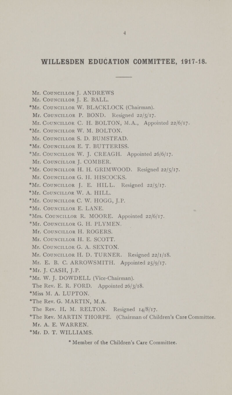 4 WILLESDEN EDUCATION COMMITTEE, 1917-18. Mr. Councillor J. ANDREWS Mr. Councillor J. E. BALL. *Mr. Councillor W. BLACKLOCK (Chairman). Mr. Councillor P. BOND. Resigned 22/5/17. Mr. Councillor C. H. BOLTON, M.A., Appointed 22/6/17. *Mr. Councillor W. M. BOLTON. Mr. Councillor S. D. BUMSTEAD. *Mr. Councillor E. T. BUTTERISS. *Mr. Councillor W. J. CREAGH. Appointed 26/6/17. Mr. Councillor J. COMBER. *Mr. Councillor H. H. GRIMWOOD. Resigned 22/5/17. Mr. Councillor G. H. HISCOCKS. *Mr. Councillor J. E. HILL. Resigned 22/5/17. *Mr. Councillor W. A. HILL. *Mr. Councillor C. W. HOGG, J.P. *Mr. Councillor E. LANE. *Mrs. Councillor R. MOORE. Appointed 22/6/17. *Mr. Councillor G. H. PLYMEN. Mr. Councillor H. ROGERS. Mr. Councillor H. E. SCOTT. Mr. Councillor G. A. SEXTON. Mr. Councillor H. D. TURNER. Resigned 22/1/18. Mr. E. B. C. ARROWSMITH. Appointed 25/9/17. *Mr. J. CASH, J.P. *Mr. W. J. DOWDELL (Vice-Chairman). The Rev. E. R. FORD. Appointed 26/3/18. *Miss M. A. LUPTON. *The Rev. G. MARTIN, M. A. The Rev. H. M. RELTON. Resigned 14/8/17. *The Rev. MARTIN THORPE. (Chairman of Children's Care Committee. Mr. A. E. WARREN. *Mr. D. T. WILLIAMS. *Member of the Children's Care Committee.