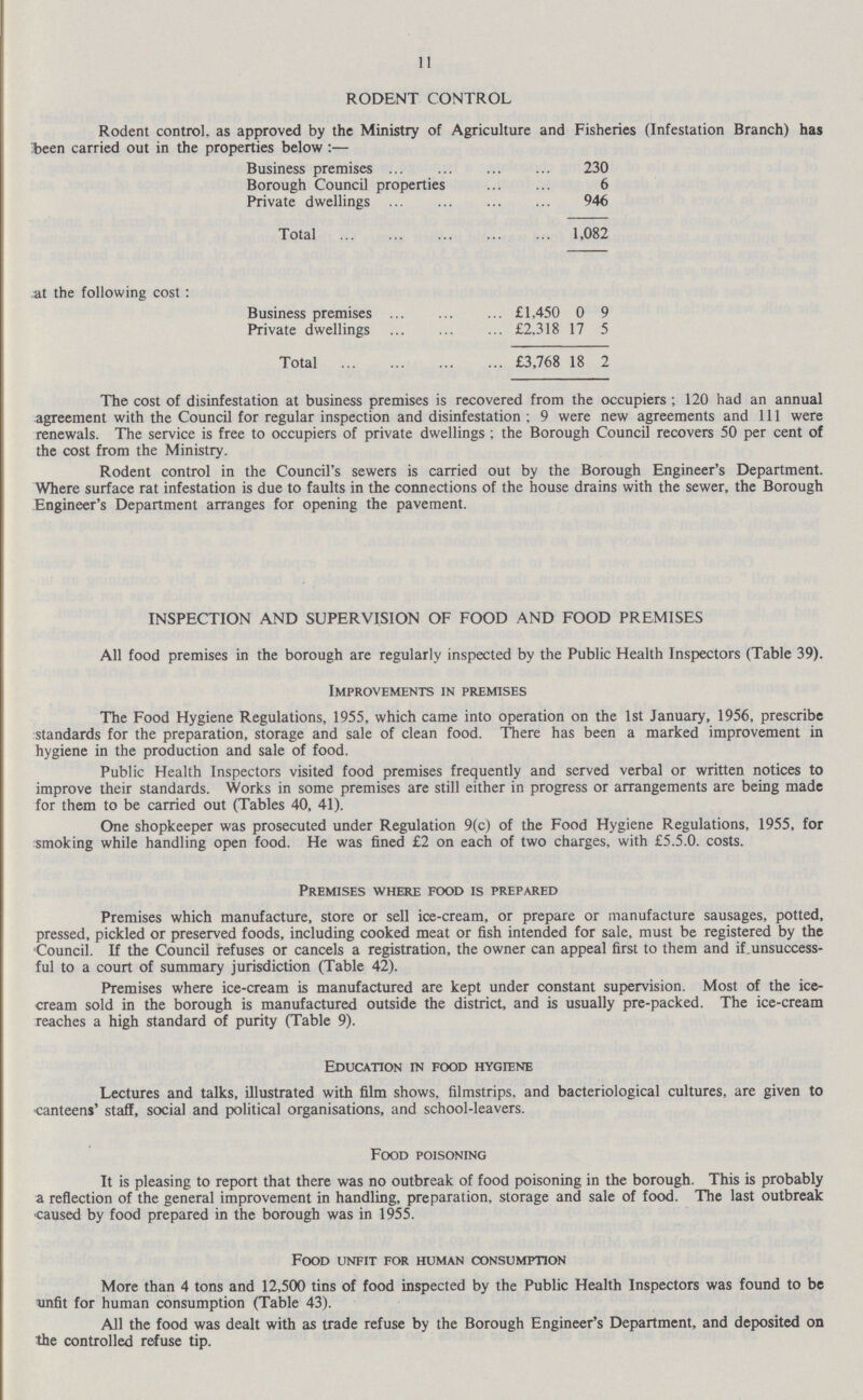 11 RODENT CONTROL Rodent control, as approved by the Ministry of Agriculture and Fisheries (Infestation Branch) has been carried out in the properties below:— Business premises 230 Borough Council properties 6 Private dwellings 946 Total 1,082 at the following cost: Business premises £1,450 0 9 Private dwellings £2.318 17 5 Total £3,768 18 2 The cost of disinfestation at business premises is recovered from the occupiers; 120 had an annual agreement with the Council for regular inspection and disinfestation; 9 were new agreements and 111 were renewals. The service is free to occupiers of private dwellings; the Borough Council recovers 50 per cent of the cost from the Ministry. Rodent control in the Council's sewers is carried out by the Borough Engineer's Department. Where surface rat infestation is due to faults in the connections of the house drains with the sewer, the Borough Engineer's Department arranges for opening the pavement. INSPECTION AND SUPERVISION OF FOOD AND FOOD PREMISES All food premises in the borough are regularly inspected by the Public Health Inspectors (Table 39). Improvements in premises The Food Hygiene Regulations, 1955, which came into operation on the 1st January, 1956, prescribe standards for the preparation, storage and sale of clean food. There has been a marked improvement in hygiene in the production and sale of food. Public Health Inspectors visited food premises frequently and served verbal or written notices to improve their standards. Works in some premises are still either in progress or arrangements are being made for them to be carried out (Tables 40, 41). One shopkeeper was prosecuted under Regulation 9(c) of the Food Hygiene Regulations, 1955, for smoking while handling open food. He was fined £2 on each of two charges, with £5.5.0. costs. Premises where food is prepared Premises which manufacture, store or sell ice-cream, or prepare or manufacture sausages, potted, pressed, pickled or preserved foods, including cooked meat or fish intended for sale, must be registered by the Council. If the Council refuses or cancels a registration, the owner can appeal first to them and if.unsuccess ful to a court of summary jurisdiction (Table 42). Premises where ice-cream is manufactured are kept under constant supervision. Most of the ice cream sold in the borough is manufactured outside the district, and is usually pre-packed. The ice-cream reaches a high standard of purity (Table 9). Education in food hygifne Lectures and talks, illustrated with film shows, filmstrips. and bacteriological cultures, are given to •canteens' staff, social and political organisations, and school-leavers. Food poisoning It is pleasing to report that there was no outbreak of food poisoning in the borough. This is probably a reflection of the general improvement in handling, preparation, storage and sale of food. The last outbreak caused by food prepared in the borough was in 1955. Food unfit for human consumption More than 4 tons and 12,500 tins of food inspected by the Public Health Inspectors was found to be unfit for human consumption (Table 43). All the food was dealt with as trade refuse by the Borough Engineer's Department, and deposited on the controlled refuse tip.