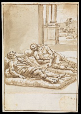 Two holy men lie side by side affected by the plague: in the background, the plague epidemic. Drawing.