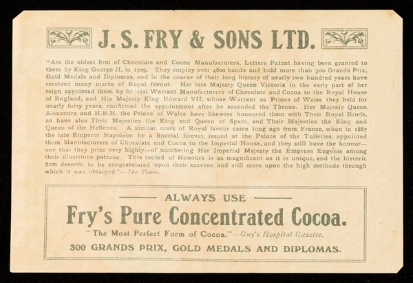 "I never travel without" Fry's pure concentrated cocoa & milk chocolate : of world-wide reputation / J.S. Fry & Sons Ltd.