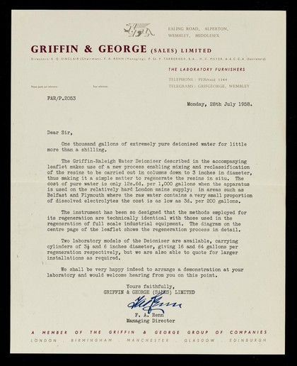 Griffin & George (Sales) Limited ... : the laboratory furnishers : Ealing Road, Alperton, Wembley, Middlesex.