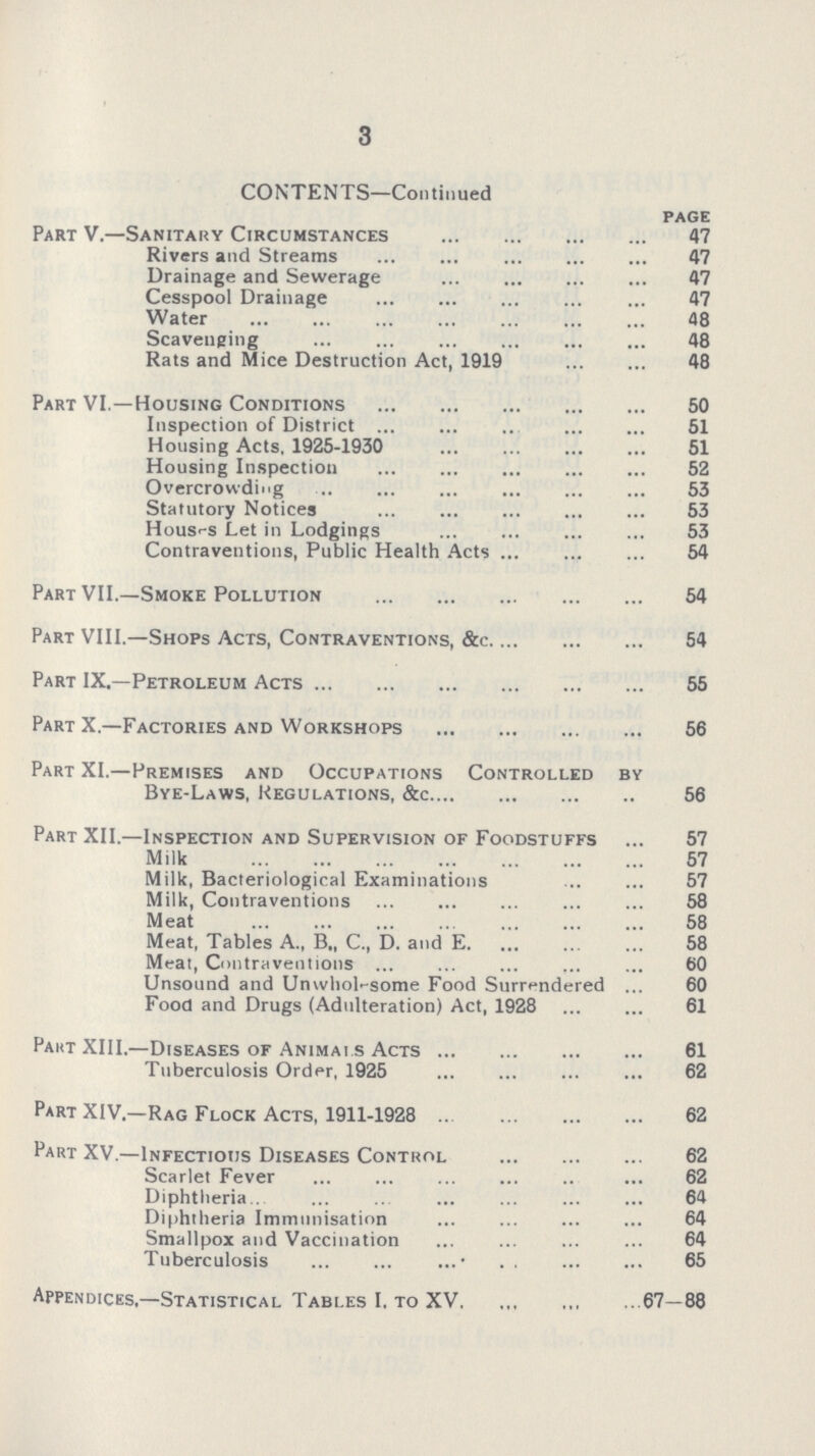 3 CONTENTS—Continued page Part V.—Sanitary Circumstances 47 Rivers and Streams 47 Drainage and Sewerage 47 Cesspool Drainage 47 Water 48 Scavenging 48 Rats and Mice Destruction Act, 1919 48 Part VI.—Housing Conditions 50 Inspection of District 51 Housing Acts, 1925-1930 51 Housing Inspection 52 Overcrowding 53 Statutory Notices 53 Houses Let in Lodgings 53 Contraventions, Public Health Acts 54 Part VII.—Smoke Pollution 54 Part VIII.—Shops Acts, Contraventions, &c 54 Part IX.—Petroleum Acts 55 Part X.—Factories and Workshops 56 Part XI.—Premises and Occupations Controlled by Bye-Laws, Regulations, &c 56 Part XII.—Inspection and Supervision of Foodstuffs ... 57 Milk 57 Milk, Bacteriological Examinations 57 Milk, Contraventions 58 Meat 58 Meat, Tables A., B„ C., D. and E 58 Meat, Contraventions ... ... ... ... ... 60 Unsound and Unwholesome Food Surrendered ... 60 Food and Drugs (Adulteration) Act, 1928 61 Pakt XIII.—Diseases of Animals Acts 61 Tuberculosis Order, 1925 62 Part XIV.—Rag Flock Acts, 1911-1928 62 Part XV.—Infectious Diseases Control 62 Scarlet Fever 62 Diphtheria 64 Diphtheria Immunisation 64 Smallpox and Vaccination 64 Tuberculosis 65 Appendices.—Statistical Tables I. to XV 67—88