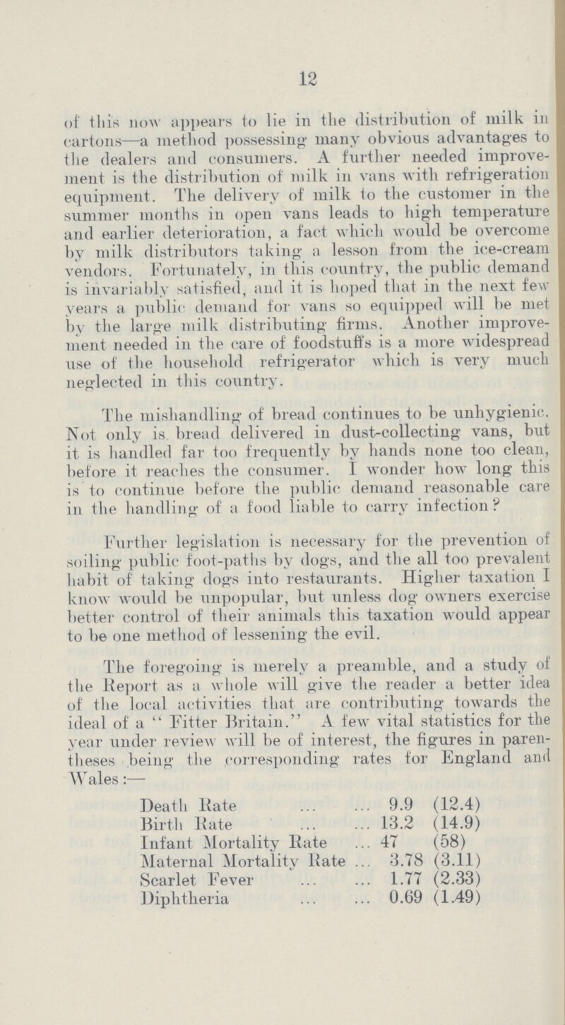 12 of this now appears to lie in the distribution of milk in cartons—a method possessing many obvious advantages to the dealers and consumers. A further needed improve ment is the distribution of milk in vans with refrigeration equipment. The delivery of milk to the customer in the summer months in open vans leads to high temperature and earlier deterioration, a fact which would be overcome by milk distributors taking a lesson from the ice-cream vendors. Fortunately, in this country, the public demand is invariably satisfied, and it is hoped that in the next few years a public demand for vans so equipped will be met by the large milk distributing firms. Another improve ment needed in the care of foodstuffs is a more widespread use of the household refrigerator which is very much neglected in this country. The mishandling of bread continues to be unhygienic. Not only is bread delivered in dust-collecting vans, but it is handled far too frequently by hands none too clean, before it reaches the consumer. I wonder how long this is to continue before the public demand reasonable care in the handling of a food liable to carry infection? Further legislation is necessary tor the prevention of soiling public foot-paths by dogs, and the all too prevalent habit of taking dogs into restaurants. Higher taxation I know would be unpopular, but unless dog owners exercise better control of their animals this taxation would appear to be one method of lessening the evil. The foregoing is merely a preamble, and a study of the Report as a whole will give the reader a better idea of the local activities that are contributing towards the ideal of a  Fitter Britain. A few vital statistics for the year under review will be of interest, the figures in paren theses being the corresponding rates for England and Wales:— Death Kate 9.9 (12.4) Birth Kate 13.2 (14.9) Infant Mortality Kate ... 47 (58) Maternal Mortality Hate ... 3.78 (3.11) Scarlet Fever ... ... 1.77 (2.33) Diphtheria 0.69 (1.49)