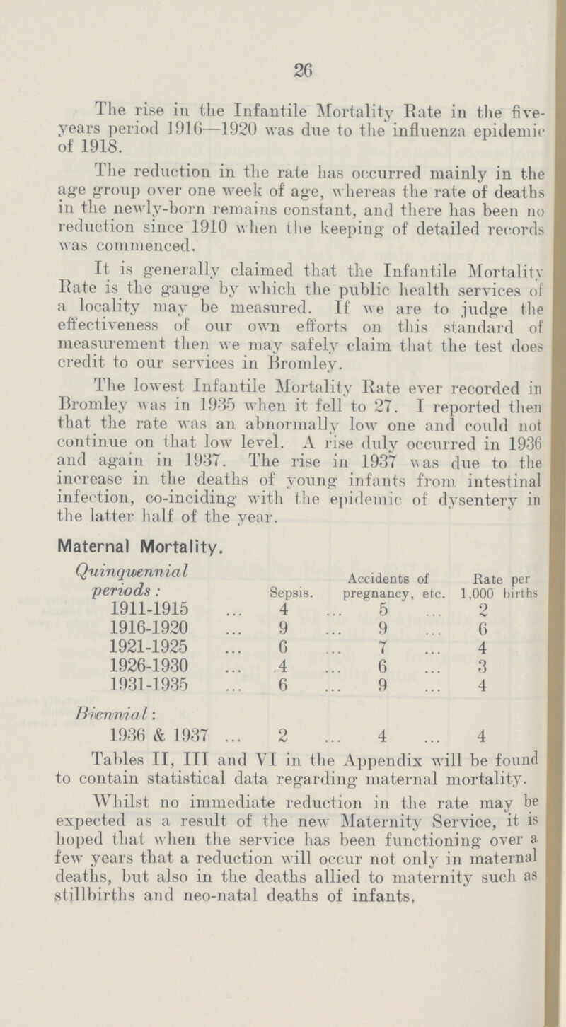 26 The rise in the Infantile Mortality Rate in the five years period 1916—1920 was due to the influenza epidemic of 1918. The reduction in the rate has occurred mainly in the age group over one week of age, whereas the rate of deaths in the newly-born remains constant, and there has been no reduction since 1910 when the keeping of detailed records was commenced. It is generally claimed that the Infantile Mortality Rate is the gauge by which the public health services of a locality may be measured. If we are to judge the effectiveness of our own efforts on this standard of measurement then we may safely claim that the test does credit to our services in Bromley. The lowest Infantile Mortality Rate ever recorded in Bromley was in 193.5 when it fell to 27. I reported then that the rate was an abnormally low one and could not continue on that low level. A rise duly occurred in 1936 and again in 1937. The rise in 1937 was due to the increase in the deaths of young infants from intestinal infection, co-inciding with the epidemic of dysentery in the latter half of the year. Maternal Mortality. Quinquennial periods : Sepsis. Accidents of pregnancy, etc. Rate per 1,000 births 1911-1915 4 5 2 1916-1920 9 9 6 1921-1925 6 7 4 1926-1930 4 6 3 1931-1935 6 9 4 Biennial: 1936 & 1937 ... 2 ... 4 ... 4 Tables II, III and VI in the Appendix will be found to contain statistical data regarding maternal mortality. Whilst no immediate reduction in the rate may be expected as a result of the new Maternity Service, it is hoped that when the service has been functioning over a few years that a reduction will occur not only in maternal deaths, but also in the deaths allied to maternity such as stillbirths and neo-natal deaths of infants,
