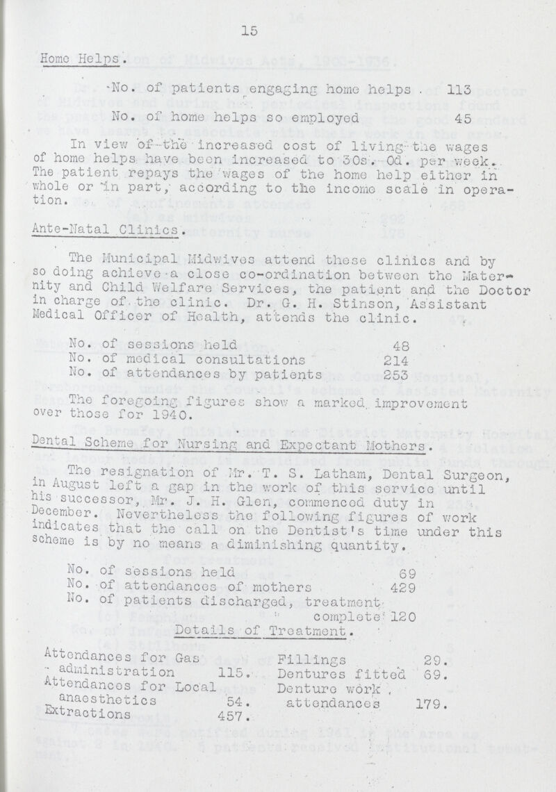 15 Home Helps. No. of patients engaging home helps 113 No. of home helps so employed 45 In view of—the increased cost of living the wages of home helps have been increased to 30s. 0d. per week. The patient repays the wages of the home help either in whole or in part, according to the income scale in opera tion. Ante-Natal Clinics. The Municipal Midwives attend these clinics and by so doing achieve a close co-ordination between the Mater nity and Child Welfare Services, the patient and the Doctor in charge of the clinic. Dr. G. H. Stinson, Assistant Medical Officer of Health, attends the clinic. No. of sessions held 48 No. of medical consultations 214 No. of attendances by patients 253 The foregoing figures show a marked, improvement over those for 1940. Dental Scheme for Nursing and Expectant Mothers. The resignation of Mr. T. S. Latham, Dental Surgeon, in August left a gap in the work of this service until his successor, Mr. J. H. Glen, commenced duty in December. Nevertheless the following figures of work indicates that the call on the Dentist's time under this scheme is by no means a diminishing quantity. No. of sessions held 69 No. of attendances of mothers 429 No. of patients discharged, treatment complete 120 Details of Treatment. Attendances for Gas administration 115. Fillings 29. Dentures fitted 69. Attendances for Local anaesthetics 54. Denture work, attendances 179. Extractions 457.