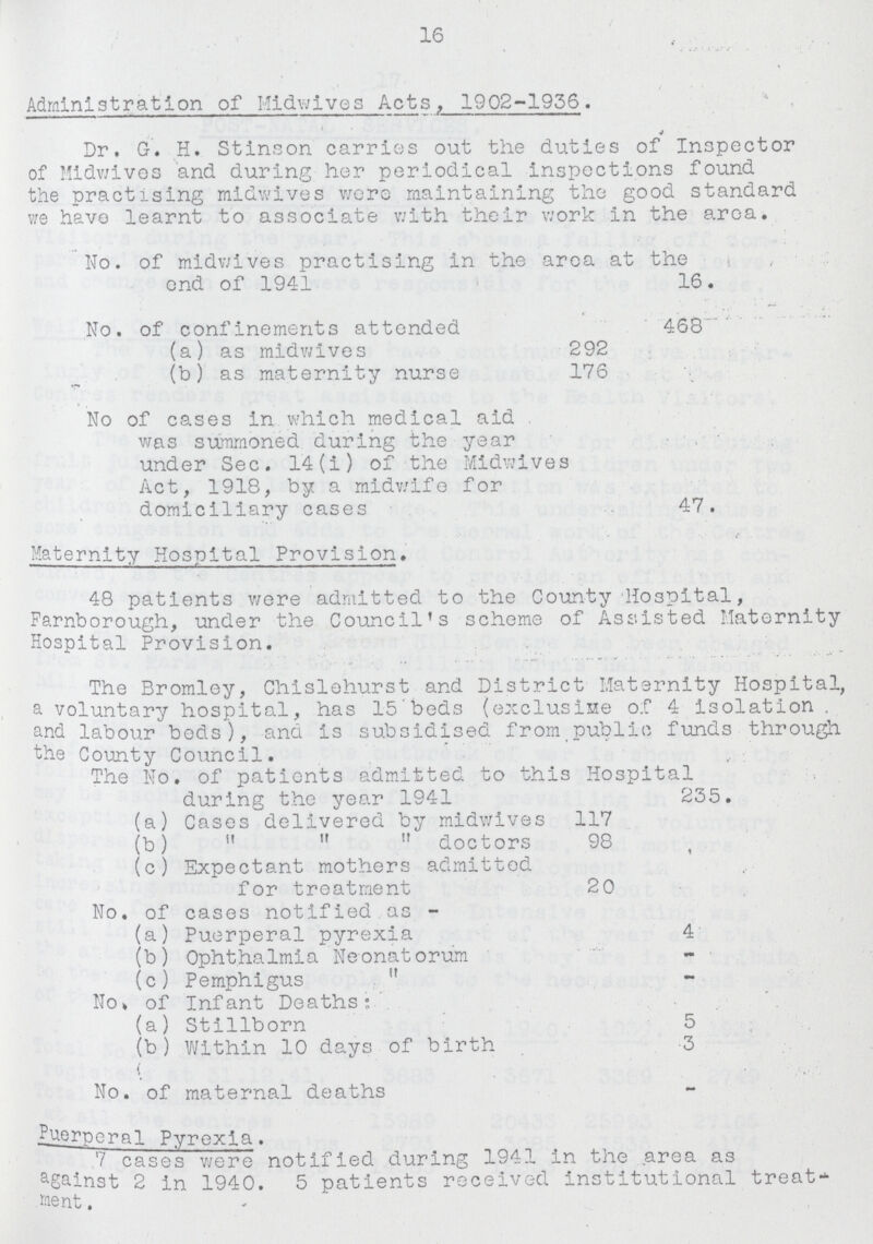 16 Administration of Midwives Acts, 1902-1936. Dr. G. H. Stinson carries out the duties of Inspector of Midwives and during her periodical inspections found the practising midwives were maintaining the good standard we have learnt to associate with their work in the area. No. of midwives practising in the area at the end of 1941 16. No. of confinements attended 468 (a) as midwives 292 (b) as maternity nurse 176 No of cases in which medical aid was summoned during the year under Sec. 14(1) of the Midwives Act, 1918, by a midwife for domiciliary cases 47. Maternity Hospital Provision, 48 patients wore admitted to the County Hospital, Farnborough, under the Council's scheme of Assisted Maternity Hospital Provision. The Bromley, Chislehurst and District Maternity Hospital, a voluntary hospital, has 15 beds (exclusive of 4 isolation . and labour beds), and is subsidised from public funds through the County Council. The No. of patients admitted to this Hospital during the year 1941 235. (a) Cases delivered by midwives 117 (b) doctors 98 (c) Expectant mothers admitted for treatment 20 No. of cases notified as- (a) Puerperal pyrexia 4 (b) Ophthalmia Neonatorum - (c) Pemphigus - No. of Infant Deaths: (a) Stillborn 5 (b) Within 10 days of birth 3 No. of maternal deaths — Puerperal Pyrexia. V cases were notified during 1941 in the area as against 2 in 1940. 5 patients received institutional treat ment.