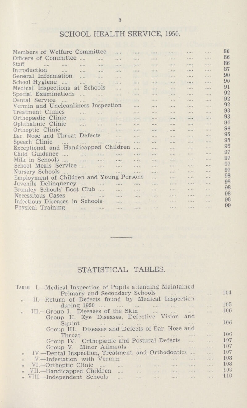 5 SCHOOL HEALTH SERVICE, 1950. Members of Welfare Committee 86 Officers of Committee 86 Staff 86 Introduction 87 General Information 90 School Hygiene 90 Medical Inspections at Schools 91 Special Examinations 92 Dental Service 92 Vermin and Uncleanliness Inspection 92 Treatment Clinics 93 Orthopaedic Clinic 93 Ophthalmic Clinic 94 Orthoptic Clinic 94 Ear, Nose and Throat Defects 95 Speech Clinic 95 Exceptional and Handicapped Children 96 Child Guidance 97 Milk in Schools 97 School Meals Service 97 Nursery Schools 97 Employment of Children and Young Persons 98 Juvenile Delinquency 98 Bromley Schools' Boot Club 98 Necessitous Cases 98 Infectious Diseases in Schools 98 Physical Training 99 STATISTICAL TABLES. Table I.—Medical Inspection of Pupils attending Maintained Primary and Secondary Schools 104 II.—Return of Defects found by Medical Inspection during 1950 105 III.—Group I. Diseases of the Skin 106 Group II. Eye Diseases. Defective Vision and Squint 106 Group III. Diseases and Defects of Ear, Nose and Throat 106 Group IV. Orthopaedic and Postural Defects 107 Group V. Minor Ailments 107 IV.—Dental Inspection, Treatment, and Orthodontics 107 V.—Infestation with Vermin 108  VI.—Orthoptic Clinic 108  VII.—Handicapped Children 109  VIII.—Independent Schools 110