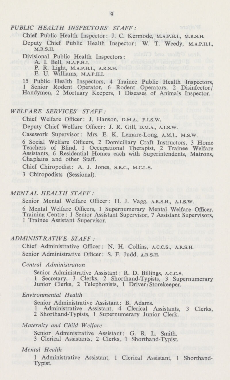 9 PUBLIC HEALTH INSPECTORS' STAFF: Chief Public Health Inspector: J. C. Kermode, m.a.p.h.i., m.R.S.h. Deputy Chief Public Health Inspector: W. T. Weedy, m.a.p.h.i., m.R.s.h. Divisional Public Health Inspectors: A. I. Bell, m.a.p.h.i. P. R. Light, m.a.p.h.i., a.r.s.h. E. U. Williams, m.a.p.h.i. 15 Public Health Inspectors, 4 Trainee Public Health Inspectors, 1 Senior Rodent Operator, 6 Rodent Operators, 2 Disinfector/ Handymen, 2 Mortuary Keepers, 1 Diseases of Animals Inspector. WELFARE SERVICES' STAFF: Chief Welfare Officer: J. Hanson, d.m.a., f.i.s.w. Deputy Chief Welfare Officer: J. R. Gill, d.m.a., a.i.s.w. Casework Supervisor: Mrs. E. K. Lemare-Long, a.m.i., m.s.w. 6 Social Welfare Officers, 2 Domiciliary Craft Instructors, 3 Home Teachers of Blind, 1 Occupational Therapist, 2 Trainee Welfare Assistants, 6 Residential Homes each with Superintendents, Matrons, Chaplains and other Staff. Chief Chiropodist: A. J. Jones, s.r.c., m.c.l.s. 3 Chiropodists (Sessional). MENTAL HEALTH STAFF: Senior Mental Welfare Officer: H. J. Vagg, a.r.s.h., a.i.s.w. 6 Mental Welfare Officers, 1 Supernumerary Mental Welfare Officer. Training Centre: 1 Senior Assistant Supervisor, 7 Assistant Supervisors, 1 Trainee Assistant Supervisor. ADMINISTRATIVE STAFF: Chief Administrative Officer: N. H. Collins, a.c.c.s., a.r.s.h. Senior Administrative Officer: S. F. Judd, a.r.s.h. Central Administration Senior Administrative Assistant: R. D. Billings, a.c.c.s. 1 Secretary, 3 Clerks, 2 Shorthand-Typists, 3 Supernumerary Junior Clerks, 2 Telephonists, 1 Driver/Storekeeper. Environmental Health Senior Administrative Assistant: B. Adams. 1 Administrative Assistant, 4 Clerical Assistants, 3 Clerks, 2 Shorthand-Typists, 1 Supernumerary Junior Clerk. Maternity and Child Welfare Senior Administrative Assistant: G. R. L. Smith. 3 Clerical Assistants, 2 Clerks, 1 Shorthand-Typist. Mental Health 1 Administrative Assistant, 1 Clerical Assistant, 1 Shorthand Typist.