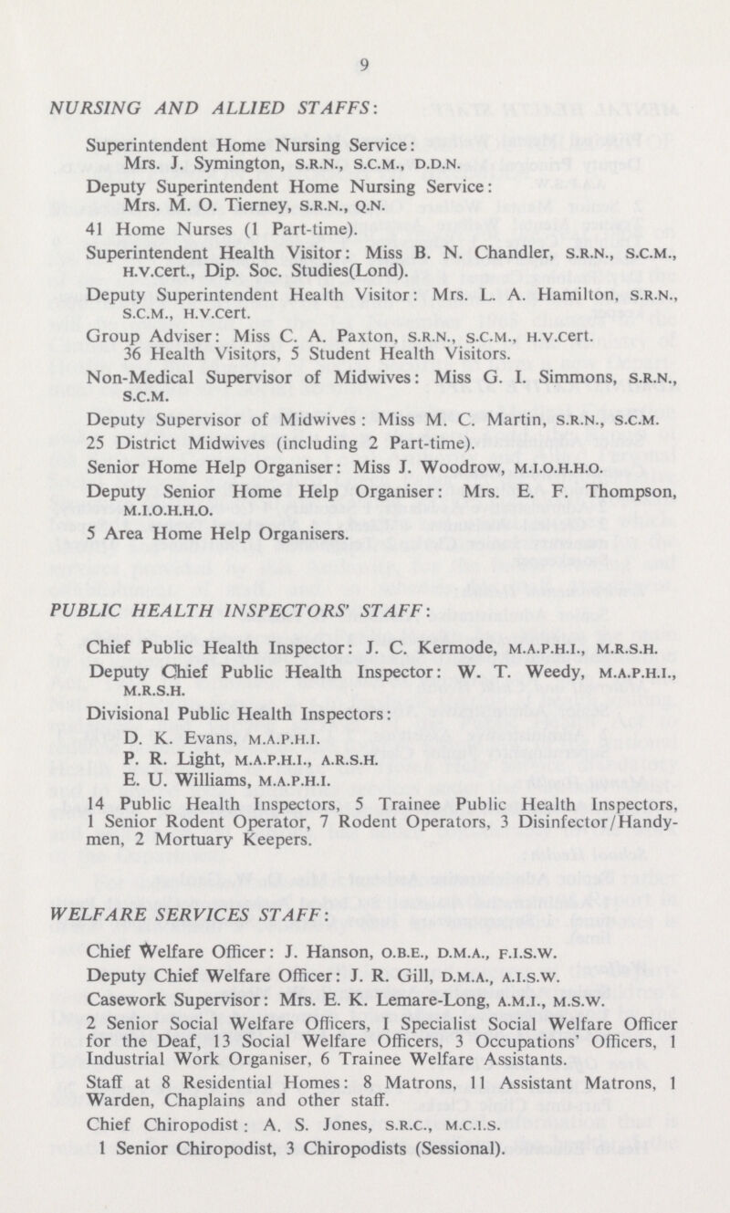 9 NURSING AND ALLIED STAFFS: Superintendent Home Nursing Service: Mrs. J. Symington, s.r.n., s.c.m., d.d.n. Deputy Superintendent Home Nursing Service: Mrs. M. O. Tierney, s.r.n., q.n. 41 Home Nurses (1 Part-time). Superintendent Health Visitor: Miss B. N. Chandler, s.r.n., s.c.m., h.v.cert., Dip. Soc. Studies(Lond). Deputy Superintendent Health Visitor: Mrs. L. A. Hamilton, s.r.n., s.c.m., h.v.cert. Group Adviser: Miss C. A. Paxton, s.r.n., s.c.m., h.v.cert. 36 Health Visitors, 5 Student Health Visitors. Non-Medical Supervisor of Midwives: Miss G. I. Simmons, s.r.n., s.c.m. Deputy Supervisor of Midwives : Miss M. C. Martin, s.r.n., s.c.m. 25 District Midwives (including 2 Part-time). Senior Home Help Organiser: Miss J. Woodrow, m.i.o.h.h.o. Deputy Senior Home Help Organiser: Mrs. E. F. Thompson, m.i.o.h.h.o. 5 Area Home Help Organisers. PUBLIC HEALTH INSPECTORS' STAFF: Chief Public Health Inspector: J. C. Kermode, m.a.p.h.i., m.r.s.h. Deputy Chief Public Health Inspector: W. T. Weedy, m.a.p.h.i., m.r.s.h. Divisional Public Health Inspectors: D. K. Evans, m.a.p.h.i. P. R. Light, m.a.p.h.i., a.r.s.h. E. U. Williams, m.a.p.h.i. 14 Public Health Inspectors, 5 Trainee Public Health Inspectors, 1 Senior Rodent Operator, 7 Rodent Operators, 3 Disinfector/Handy men, 2 Mortuary Keepers. WELFARE SERVICES STAFF: Chief Welfare Officer: J. Hanson, o.b.e., d.m.a., f.i.s.w. Deputy Chief Welfare Officer: J. R. Gill, d.m.a., a.i.s.w. Casework Supervisor: Mrs. E. K. Lemare-Long, a.m.i., m.s.w. 2 Senior Social Welfare Officers, 1 Specialist Social Welfare Officer for the Deaf, 13 Social Welfare Officers, 3 Occupations' Officers, 1 Industrial Work Organiser, 6 Trainee Welfare Assistants. Staff at 8 Residential Homes: 8 Matrons, 11 Assistant Matrons, 1 Warden, Chaplains and other staff. Chief Chiropodist; A. S. Jones, s.r.c., m.c.i.s. 1 Senior Chiropodist, 3 Chiropodists (Sessional).