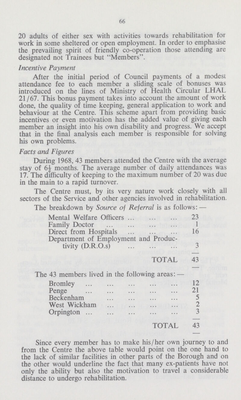 66 20 adults of either sex with activities towards rehabilitation for work in some sheltered or open employment. In order to emphasise the prevailing spirit of friendly co-operation those attending are designated not Trainees but Members. Incentive Payment After the initial period of Council payments of a modest attendance fee to each member a sliding scale of bonuses was introduced on the lines of Ministry of Health Circular LHAL 21/67. This bonus payment takes into account the amount of work done, the quality of time keeping, general application to work and behaviour at the Centre. This scheme apart from providing basic incentives or even motivation has the added value of giving each member an insight into his own disability and progress. We accept that in the final analysis each member is responsible for solving his own problems. Facts and Figures During 1968, 43 members attended the Centre with the average stay of 6½ months. The average number of daily attendances was 17. The difficulty of keeping to the maximum number of 20 was due in the main to a rapid turnover. The Centre must, by its very nature work closely with all sectors of the Service and other agencies involved in rehabilitation. The breakdown by Source of Referral is as follows: — Mental Welfare Officers 23 Family Doctor 1 Direct from Hospitals 16 Department of Employment and Produc tivity (D.R.O.s) 3 TOTAL 43 The 43 members lived in the following areas: — Bromley 12 Penge 21 Beckenham 5 West Wickham 2 Orpington 3 TOTAL 43 Since every member has to make his/her own journey to and from the Centre the above table would point on the one hand to the lack of similar facilities in other parts of the Borough and on the other would underline the fact that many ex-patients have not only the ability but also the motivation to travel a considerable distance to undergo rehabilitation.