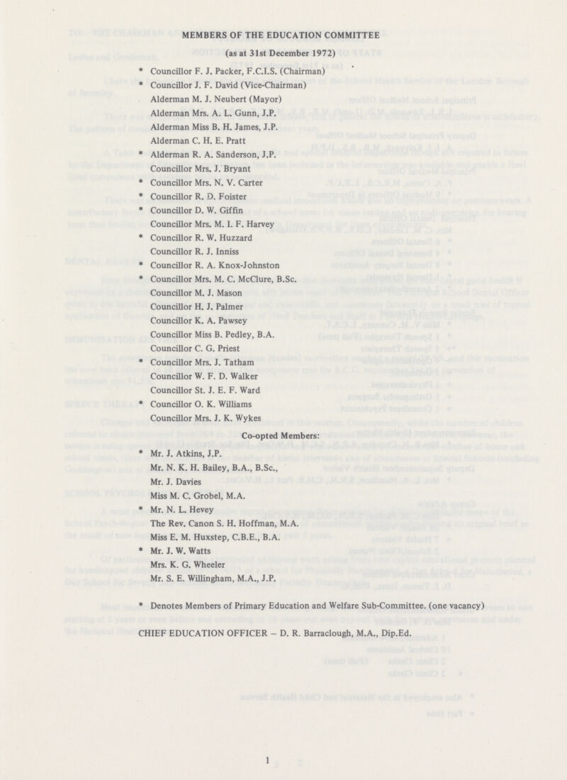 MEMBERS OF THE EDUCATION COMMITTEE (as at 31st December 1972) * Councillor F. J. Packer, F.C.I.S. (Chairman) * Councillor J. F. David (Vice-Chairman) Alderman M. J. Neubert (Mayor) Alderman Mrs. A. L. Gunn, J.P. Alderman Miss B. H. James, J.P. Alderman C. H. E. Pratt * Alderman R. A. Sanderson, J.P. Councillor Mrs. J. Bryant * Councillor Mrs. N. V. Carter * Councillor R. D. Foister * Councillor D. W. Giffin Councillor Mrs. M. I. F. Harvey * Councillor R. W. Huzzard Councillor R. J. Inniss * Councillor R. A. Knox-Johnston * Councillor Mrs. M. C. McClure, B.Sc. Councillor M. J. Mason Councillor H. J. Palmer Councillor K. A. Pawsey Councillor Miss B. Pedley, B.A. Councillor C. G. Priest * Councillor Mrs. J. Tatham Councillor W. F. D. Walker Councillor St. J. E. F. Ward * Councillor O. K. Williams Councillor Mrs. J. K. Wykes Co-opted Members: * Mr. J. Atkins, J.P. Mr. N. K. H. Bailey, B.A., B.Sc., Mr. J. Davies Miss M. C. Grobel, M.A. * Mr. N. L. Hevey The Rev. Canon S. H. Hoffman, M.A. Miss E. M. Huxstep, C.B.E., B.A. * Mr. J. W. Watts Mrs. K. G. Wheeler Mr. S. E. Willingham, M.A., J.P. * Denotes Members of Primary Education and Welfare Sub-Committee, (one vacancy) CHIEF EDUCATION OFFICER- D. R. Barraclough, M.A., Dip.Ed. 1