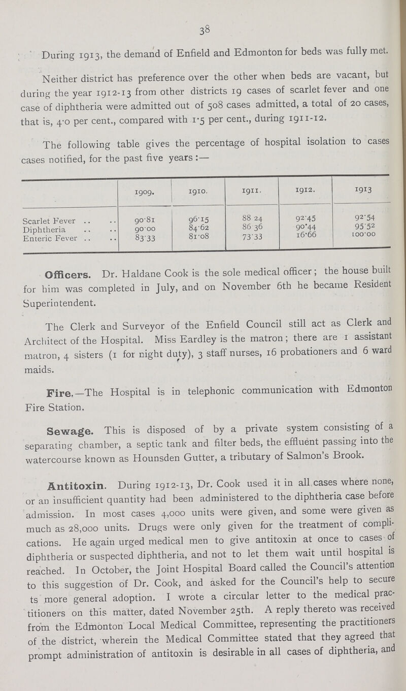 38 During 1913, the demand of Enfield and Edmonton for beds was fully met. Neither district has preference over the other when beds are vacant, but during the year 1912-13 from other districts 19 cases of scarlet fever and one case of diphtheria were admitted out of 508 cases admitted, a total of 20 cases, that is, 4.0 per cent., compared with 1.5 per cent., during 1911-12. The following table gives the percentage of hospital isolation to cases cases notified, for the past five years :— 1909. 1910. 1911. 1912. 1913 Scarlet Fever 90.81 96.15 88.24 92.45 92.54 Diphtheria 90.00 84.62 86.36 90.44 95.52 Enteric Fever 83.33 81.08 73.33 16.66 100.00 Officers. Dr. Haldane Cook is the sole medical officer; the house built for him was completed in July, and on November 6th he became Resident Superintendent. The Clerk and Surveyor of the Enfield Council still act as Clerk and Architect of the Hospital. Miss Eardley is the matron; there are 1 assistant matron, 4 sisters (1 for night duty), 3 staff nurses, 16 probationers and 6 ward maids. Fire.—The Hospital is in telephonic communication with Edmonton Fire Station. Sewage. This is disposed of by a private system consisting of a separating chamber, a septic tank and filter beds, the effluent passing into the watercourse known as Hounsden Gutter, a tributary of Salmon's Brook. Antitoxin. During 1912-13, Dr. Cook used it in all cases where none, or an insufficient quantity had been administered to the diphtheria case before admission. In most cases 4,000 units were given, and some were given as much as 28,000 units. Drugs were only given for the treatment of compli cations. He again urged medical men to give antitoxin at once to cases of diphtheria or suspected diphtheria, and not to let them wait until hospital is reached. In October, the Joint Hospital Board called the Council's attention to this suggestion of Dr. Cook, and asked for the Council's help to secure ts more general adoption. I wrote a circular letter to the medical prac titioners on this matter, dated November 25th. A reply thereto was received from the Edmonton Local Medical Committee, representing the practitioners of the district, wherein the Medical Committee stated that they agreed that prompt administration of antitoxin is desirable in all cases of diphtheria, and