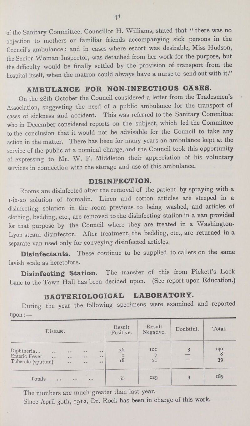 41 of the Sanitary Committee, Councillor H. Williams, stated that there was no objection to mothers or familiar friends accompanying sick persons in the Council's ambulance: and in cases where escort was desirable, Miss Hudson, the Senior Woman Inspector, was detached from her work for the purpose, but the difficulty would be finally settled by the provision of transport from the hospital itself, when the matron could always have a nurse to send out with it. AMBULANCE FOR NON INFECTIOUS CASES. On the 28th October the Council considered a letter from the Tradesmen's Association, suggesting the need of a public ambulance for the transport of cases of sickness and accident. This was referred to the Sanitary Committee who in December considered reports on the subject, which led the Committee to the conclusion that it would not be advisable for the Council to take any action in the matter. There has been for many years an ambulance kept at the service of the public at a nominal charge, and the Council took this opportunity of expressing to Mr. W. F. Middleton their appreciation of his voluntary services in connection with the storage and use of this ambulance. DISINFECTION. Rooms are disinfected after the removal of the patient by spraying with a i-in-20 solution of formalin. Linen and cotton articles are steeped in a disinfecting solution in the room previous to being washed, and articles of clothing, bedding, etc., are removed to the disinfecting station in a van provided for that purpose by the Council where they are treated in a Washington Lyon steam disinfector. After treatment, the bedding, etc., are returned in a separate van used only for conveying disinfected articles. Disinfectants. These continue to be supplied to callers on the same lavish scale as heretofore. Disinfecting Station. The transfer of this from Pickett's Lock Lane to the Town Hall has been decided upon. (See report upon Education.) BACTERIOLOGICAL LABORATORY. During the year the following specimens were examined and reported upon :— Disease. Result Positive. Result Negative. Doubtful. Total. Diphtheria 36 101 3 140 Enteric Fever 1 7 — 8 Tubercle (sputum) 18 21 - 39 Totals 55 129 3 187 The numbers are much greater than last year. Since April 30th, 1912, Dr. Rock has been in charge of this work.