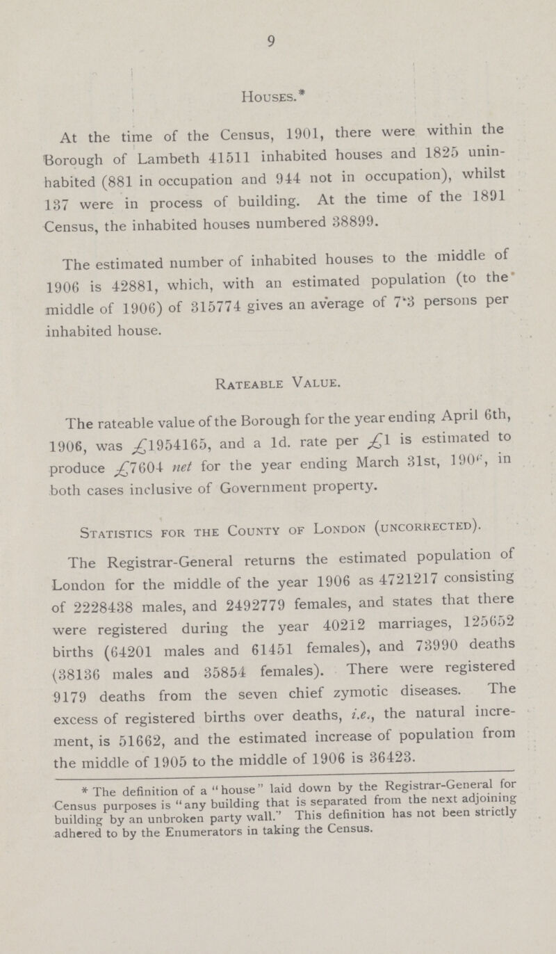 9 Houses.* At the time of the Census, 1901, there were within the Borough of Lambeth 41511 inhabited houses and 1825 unin habited (881 in occupation and 944 not in occupation), whilst 137 were in process of building. At the time of the 1891 Census, the inhabited houses numbered 38899. The estimated number of inhabited houses to the middle of 1906 is 42881, which, with an estimated population (to the middle of 1906) of 315774 gives an average of 7.3 persons per inhabited house. Rateable Value. The rateable value of the Borough for the year ending April 6th, 1906, was £1954165, and a 1d. rate per £1 is estimated to produce £7604 net for the year ending March 31st, 1906, in both cases inclusive of Government property. Statistics for the County of London (uncorrected). The Registrar-General returns the estimated population of London for the middle of the year 1906 as 4721217 consisting of 2228438 males, and 2492779 females, and states that there were registered during the year 40212 marriages, 125652 births (64201 males and 61451 females), and 73990 deaths (38136 males and 35854 females). There were registered 9179 deaths from the seven chief zymotic diseases. The excess of registered births over deaths, i.e., the natural incre ment, is 51662, and the estimated increase of population from the middle of 1905 to the middle of 1906 is 36423. * The definition of a  house laid down by the Registrar-General for Census purposes is any building that is separated from the next adjoining building by an unbroken party wall.'' This definition has not been strictly adhered to by the Enumerators in taking the Census.