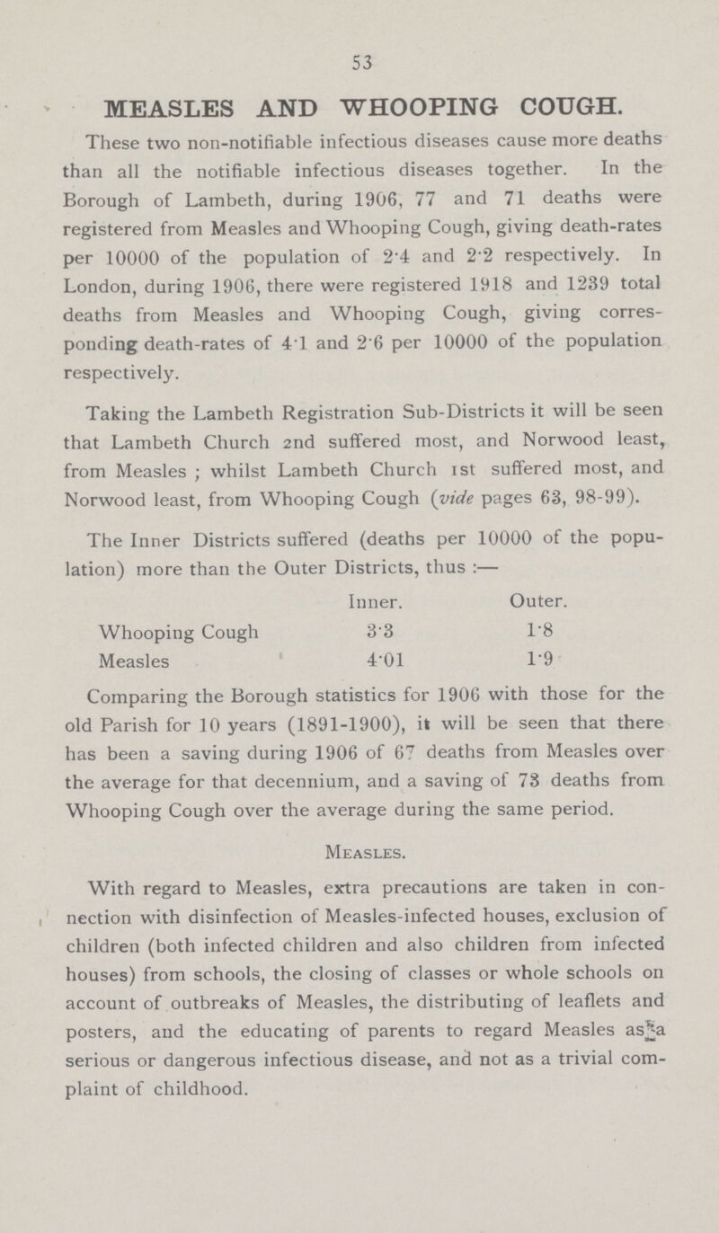 53 MEASLES AND WHOOPING COUGH. These two non-notifiable infectious diseases cause more deaths than all the notifiable infectious diseases together. In the Borough of Lambeth, during 1906, 77 and 71 deaths were registered from Measles and Whooping Cough, giving death-rates per 10000 of the population of 2.4 and 2.2 respectively. In London, during 1906, there were registered 1918 and 1239 total deaths from Measles and Whooping Cough, giving corres ponding death-rates of 4.l and 2.6 per 10000 of the population respectively. Taking the Lambeth Registration Sub-Districts it will be seen that Lambeth Church 2nd suffered most, and Norwood least, from Measles ; whilst Lambeth Church ist suffered most, and Norwood least, from Whooping Cough (vide pages 63, 98-99). The Inner Districts suffered (deaths per 10000 of the popu lation) more than the Outer Districts, thus :— Inner. Outer. Whooping Cough 3.3 1.8 Measles 4.01 1.9 Comparing the Borough statistics for 1906 with those for the old Parish for 10 years (1891-1900), it will be seen that there has been a saving during 1906 of 67 deaths from Measles over the average for that decennium, and a saving of 73 deaths from Whooping Cough over the average during the same period. Measles. With regard to Measles, extra precautions are taken in con , nection with disinfection of Measles-infected houses, exclusion of children (both infected children and also children from infected houses) from schools, the closing of classes or whole schools on account of outbreaks of Measles, the distributing of leaflets and posters, aud the educating of parents to regard Measles as a serious or dangerous infectious disease, and not as a trivial com plaint of childhood.