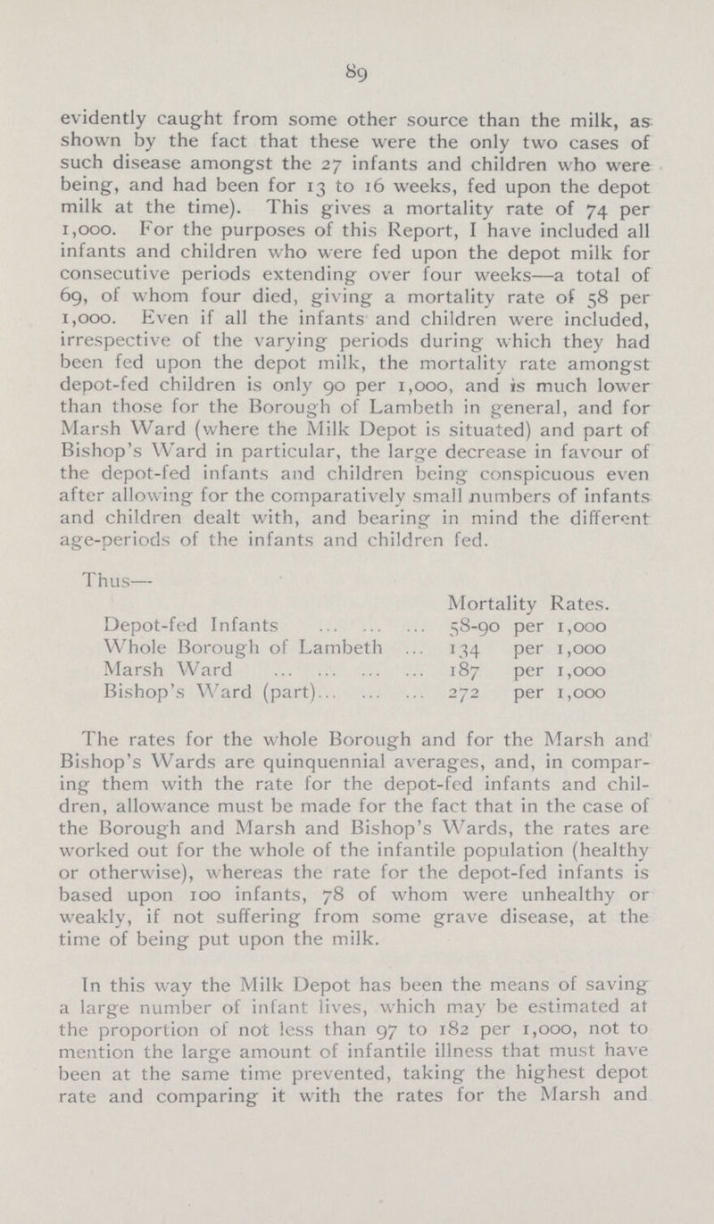 89 evidently caught from some other source than the milk, as shown by the fact that these were the only two cases of such disease amongst the 27 infants and children who were being, and had been for 13 to 16 weeks, fed upon the depot milk at the time). This gives a mortality rate of 74 per 1,000. For the purposes of this Report, I have included all infants and children who were fed upon the depot milk for consecutive periods extending over four weeks—a total of 69, of whom four died, giving a mortality rate of 58 per 1,000. Even if all the infants and children were included, irrespective of the varying periods during which they had been fed upon the depot milk, the mortality rate amongst depot-fed children is only 90 per 1,000, and is much lower than those for the Borough of Lambeth in general, and for Marsh Ward (where the Milk Depot is situated) and part of Bishop's Ward in particular, the large decrease in favour of the depot-fed infants and children being conspicuous even after allowing for the comparatively small numbers of infants and children dealt with, and bearing in mind the different age-periods of the infants and children fed. Thus— Mortality Rates. Depot-fed Infants 58-90 per 1,000 Whole Borough of Lambeth 134 per 1,000 Marsh Ward 187 per 1,000 Bishop's Ward (part) 272 per 1,000 The rates for the whole Borough and for the Marsh and Bishop's Wards are quinquennial averages, and, in compar ing them with the rate for the depot-fed infants and chil dren, allowance must be made for the fact that in the case of the Borough and Marsh and Bishop's Wards, the rates are worked out for the whole of the infantile population (healthy or otherwise), whereas the rate for the depot-fed infants is based upon 100 infants, 78 of whom were unhealthy or weakly, if not suffering from some grave disease, at the time of being put upon the milk. In this way the Milk Depot has been the means of saving a large number of infant lives, which may be estimated at the proportion of not less than 97 to 182 per 1,000, not to mention the large amount of infantile illness that must have been at the same time prevented, taking the highest depot rate and comparing it with the rates for the Marsh and