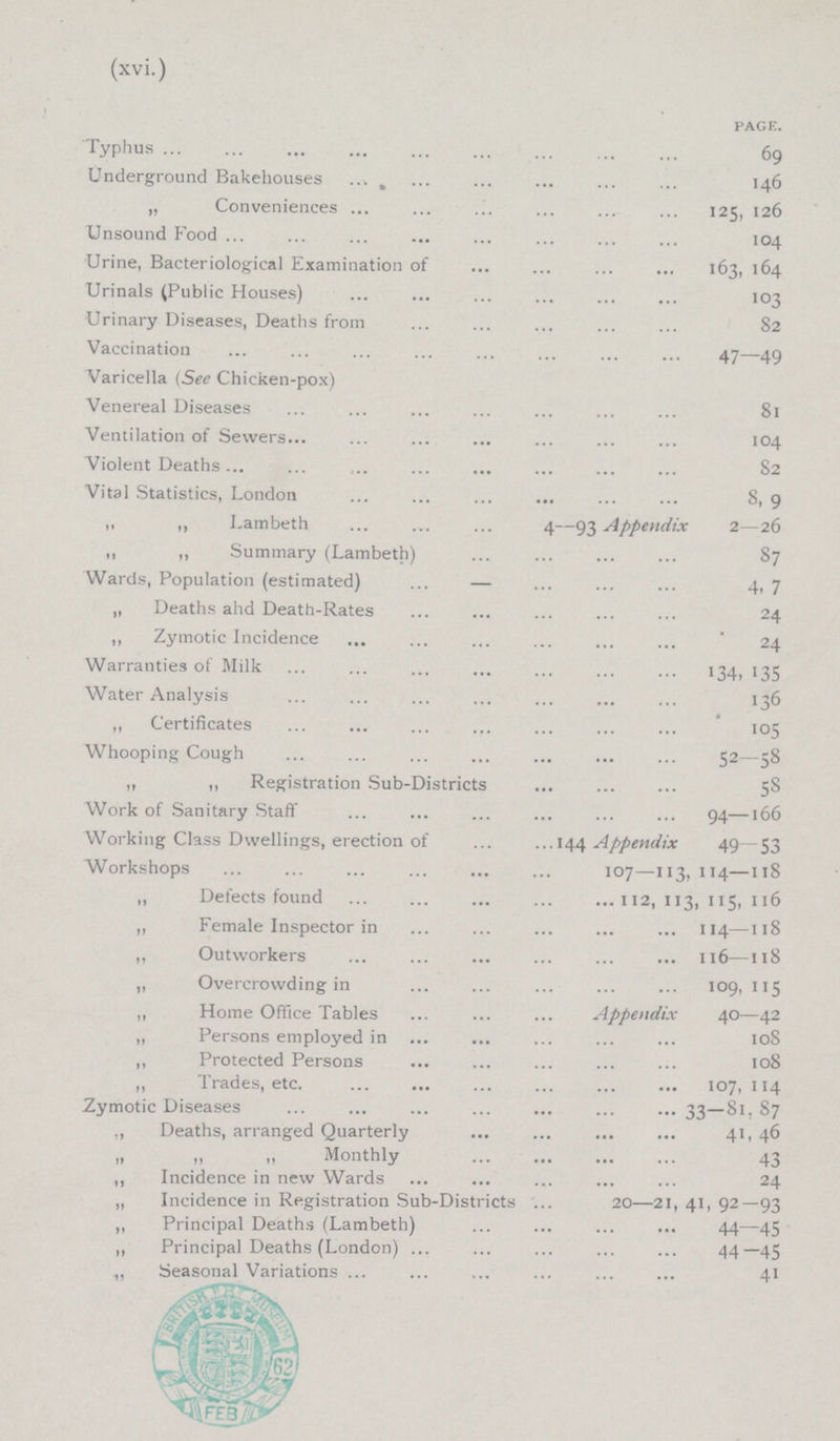(xvi.) PAGE. Typhus 69 Underground Bakehouses 146 „ Conveniences 125, 126 Unsound Food 104 Urine, Bacteriological Examination of 163, 164 Urinals (Public Houses) 103 Urinary Diseases, Deaths from 82 Vaccination 47—49 Varicella (See Chicken-pox) Venereal Disease 81 Ventilation of Sewers 104 Violent Deaths 82 Vital Statistics, London 8, 9 „ „ Lambeth 4—93 Appendix 2—26 i, ,, Summary (Lambeth) 87 Wards, Population (estimated) 4, 7 „ Deaths and Death-Rates 24 ,, Zymotic Incidence 24 Warranties of Milk 134, 135 Water Analysis 136 ,, Certificates 105 Whooping Cough 52—58 ,, ,, Registration Sub-Districts 58 Work of Sanitary Staff 94—166 Working Class Dwellings, erection of 144 Appendix 49—53 Workshops 107—113, 114—118 „ Defects found 112, 113, 115, 116 „ Female Inspector in 114—118 ,, Outworkers 116—118 „ Overcrowding in 109, 115 „ Home Office Tables Appendix 40—42 „ Persons employed in 108 ,, Protected Persons 108 „ Trades, etc. 107, 114 Zymotic Diseases 33—81, 87 ., Deaths, arranged Quarterly 41, 46 „ „ „ Monthly 43 „ Incidence in new Wards 24 „ Incidence in Registration Sub-Districts 20—21, 41, 92—93 „ Principal Deaths (Lambeth) 44—45 „ Principal Deaths (London) 44—45 Seasonal Variations 41