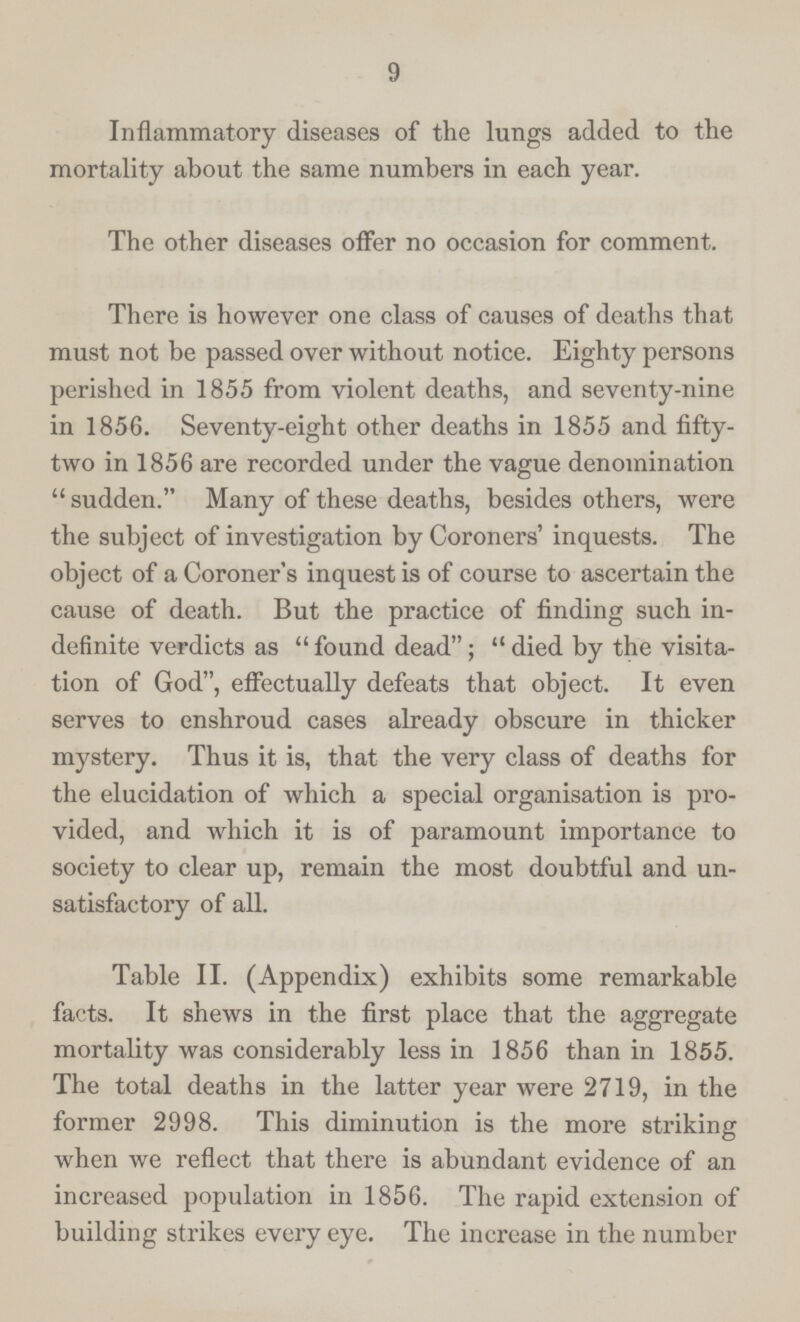 9 Inflammatory diseases of the lungs added to the mortality about the same numbers in each year. The other diseases offer no occasion for comment. There is however one class of causes of deaths that must not be passed over without notice. Eighty persons perished in 1855 from violent deaths, and seventy-nine in 1856. Seventy-eight other deaths in 1855 and fifty two in 1856 are recorded under the vague denomination sudden. Many of these deaths, besides others, were the subject of investigation by Coroners' inquests. The object of a Coroner's inquest is of course to ascertain the cause of death. But the practice of finding such in definite verdicts as found dead; died by the visita tion of God, effectually defeats that object. It even serves to enshroud cases already obscure in thicker mystery. Thus it is, that the very class of deaths for the elucidation of which a special organisation is pro vided, and which it is of paramount importance to society to clear up, remain the most doubtful and un satisfactory of all. Table II. (Appendix) exhibits some remarkable facts. It shews in the first place that the aggregate mortality was considerably less in 1856 than in 1855. The total deaths in the latter year were 2719, in the former 2998. This diminution is the more striking when we reflect that there is abundant evidence of an increased population in 1856. The rapid extension of building strikes every eye. The increase in the number