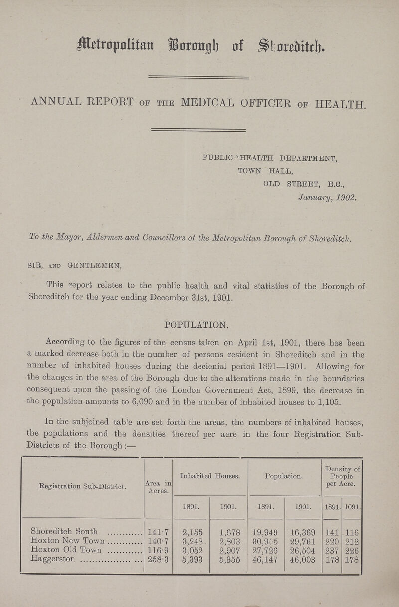 In the subjoined table are set forth the areas, the numbers of inhabited houses, the populations and the densities thereof per acre in the four Registration Sub Districts of the Borough:— Registration Sub-District. Area in Acres. Inhabited Houses. Population. Density of People per Acre. 1891. 1901. 1891. 1901. 1891. 1091. Shoreditch South 141.7 2,155 1,678 19,949 16,369 141 116 Hoxton New Town 140.7 3,248 2,803 30,965 29,761 220 212 Hoxton Old Town 116.9 3,052 2,907 27,726 26,504 237 226 Haggerston 258.3 5,393 5,355 46,147 46,003 178 178 Metropolitan Borough of Shoreditch. ANNUAL REPORT of the MEDICAL OFFICER or HEALTH. public health department, town hall, old street, e.c., January, 1902. To the Mayor, Aldermen and Councillors of the Metropolitan Borough of Shoreditch. sir, and gentlemen, This report relates to the public health and vital statistics of the Borough of Shoreditch for the year ending December 31st, 1901. POPULATION. According to the figures of the census taken on April 1st, 1901, there has been a marked decrease both in the number of persons resident in Shoreditch and in the number of inhabited houses during the decienial period 1891—1901. Allowing for the changes in the area of the Borough due to the alterations made in the boundaries consequent upon the passing of the London Government Act, 1899, the decrease in the population amounts to 6,090 and in the number of inhabited houses to 1,105.