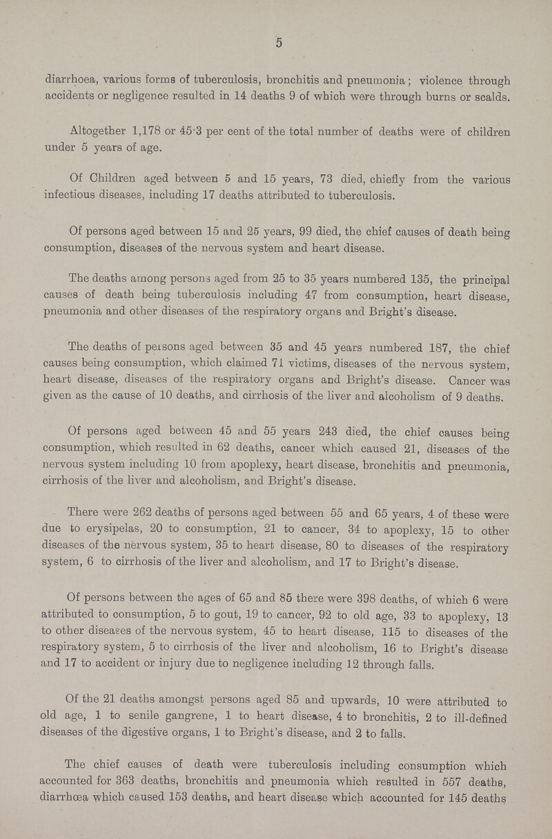 5 diarrhoea, various forma of tuberculosis, bronchitis and pneumonia; violence through accidents or negligence resulted in 14 deaths 9 of which were through burns or scalds. Altogether 1,178 or 453 per cent of the total number of deaths were of children under 5 years of age. Of Children aged between 5 and 15 years, 73 died, chiefly from the various infectious diseases, including 17 deaths attributed to tuberculosis. Of persons aged between 15 and 25 years, 99 died, the chief causes of death being consumption, diseases of the nervous system and heart disease. The deaths among persons aged from 25 to 35 years numbered 135, the principal causes of death being tuberculosis including 47 from consumption, heart disease, pneumonia and other diseases of the respiratory organs and Bright's disease. The deaths of persons aged between 35 and 45 years numbered 187, the chief causes being consumption, which claimed 71 victims, diseases of the nervous system, heart disease, diseases of the respiratory organs and Bright's disease. Cancer was given as the cause of 10 deaths, and cirrhosis of the liver and alcoholism of 9 deaths. Of persons aged between 45 and 55 years 243 died, the chief causes being consumption, which resulted in 62 deaths, cancer which caused 21, diseases of the nervous system including 10 from apoplexy, heart disease, bronchitis and pneumonia, cirrhosis of the liver and alcoholism, and Bright's disease. There were 262 deaths of persons aged between 55 and 65 years, 4 of these were due to erysipelas, 20 to consumption, 21 to cancer, 34 to apoplexy, 15 to other diseases of the nervous system, 35 to heart disease, 80 to diseases of the respiratory system, 6 to cirrhosis of the liver and alcoholism, and 17 to Bright's disease. Of persons between the ages of 65 and 85 there were 398 deaths, of which 6 were attributed to consumption, 5 to gout, 19 to cancer, 92 to old age, 33 to apoplexy, 13 to other diseases of the nervous system, 45 to heart disease, 115 to diseases of the respiratory system, 5 to cirrhosis of the liver and alcoholism, 16 to Bright's disease and 17 to accident or injury due to negligence including 12 through falls. Of the 21 deaths amongst persons aged 85 and upwards, 10 were attributed to old age, 1 to senile gangrene, 1 to heart disease, 4 to bronchitis, 2 to ill-defined diseases of the digestive organs, 1 to Bright's disease, and 2 to falls. The chief causes of death were tuberculosis including consumption which accounted for 363 deaths, bronchitis and pneumonia which resulted in 557 deaths, diarrhoea which caused 153 deaths, and heart disease which accounted for 145 deaths