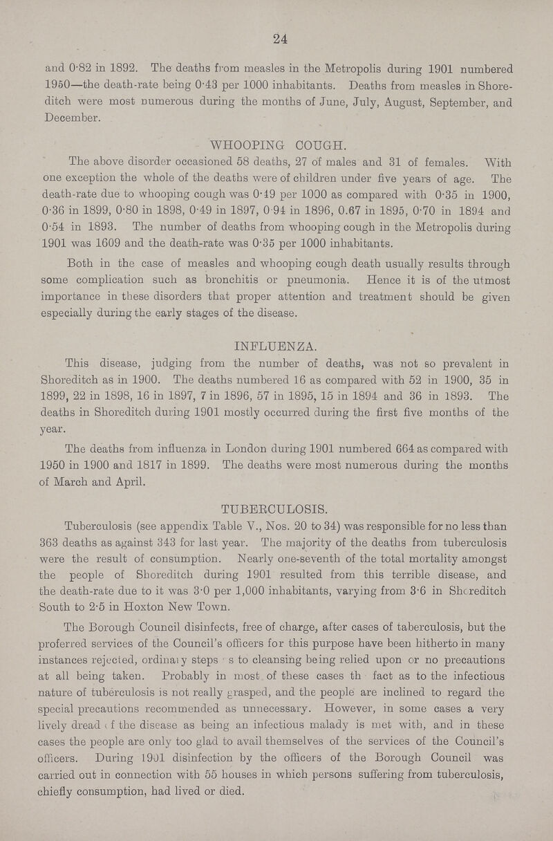 24 and 0.82 in 1892. The deaths from measles in the Metropolis during 1901 numbered 1960—the death-rate being 0.43 per 1000 inhabitants. Deaths from measles in Shore ditch were most numerous during the months of June, July, August, September, and December. WHOOPING COUGH. The above disorder occasioned 58 deaths, 27 of males and 31 of females. With one exception the whole of the deaths were of children under five years of age. The death-rate due to whooping cough was 0.49 per 1000 as compared with 0.35 in 1900, 0.36 in 1899, 0.80 in 1898, 0.49 in 1897, 0.94 in 1896, 0.67 in 1895, 0.70 in 1894 and 0.54 in 1893. The number of deaths from whooping cough in the Metropolis during 1901 was 1609 and the death-rate was 0.35 per 1000 inhabitants. Both in the case of measles and whooping cough death usually results through some complication such as bronchitis or pneumonia. Hence it is of the utmost importance in these disorders that proper attention and treatment should be given especially during the early stages of the disease. INFLUENZA. This disease, judging from the number of deaths, was not so prevalent in Shoreditch as in 1900. The deaths numbered 16 as compared with 52 in 1900, 35 in 1899, 22 in 1898, 16 in 1897, 7 in 1896, 57 in 1895, 15 in 1894 and 36 in 1893. The deaths in Shoreditch during 1901 mostly occurred during the first five months of the year. The deaths from influenza in London during 1901 numbered 664 as compared with 1950 in 1900 and 1817 in 1899. The deaths were most numerous during the months of March and April. TUBERCULOSIS. Tuberculosis (see appendix Table V., Nos. 20 to 34) was responsible for no less than 363 deaths as against 343 for last year. The majority of the deaths from tuberculosis were the result of consumption. Nearly one-seventh of the total mortality amongst the people of Shoreditch during 1901 resulted from this terrible disease, and the death-rate due to it was 3.0 per 1,000 inhabitants, varying from 36 in Shoreditch South to 2.5 in Hoxton New Town. The Borough Council disinfects, free of charge, after cases of taberculosis, but the preferred services of the Council's officers for this purpose have been hitherto in many instances rejected, ordinary steps as to cleansing being relied upon or no precautions at all being taken. Probably in most of these cases th fact as to the infectious nature of tuberculosis is not really grasped, and the people are inclined to regard the special precautions recommended as unnecessary. However, in some cases a very lively dread of the disease as being an infectious malady is met with, and in these cases the people are only too glad to avail themselves of the services of the Council's officers. During 1901 disinfection by the officers of the Borough Council was carried out in connection with 55 houses in which persons suffering from tuberculosis, chiefly consumption, had lived or died.