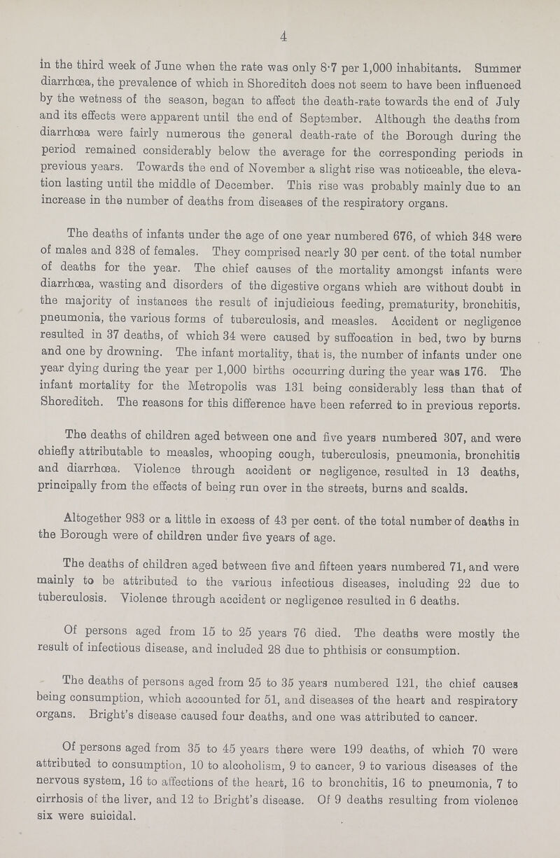 4 in the third week of June when the rate was only 8.7 per 1,000 inhabitants. Summer diarrhoea, the prevalence of which in Shoreditch does not seem to have been influenced by the wetness of the season, began to affect the death-rate towards the end of July and its effects were apparent until the end of September. Although the deaths from diarrhoea were fairly numerous the general death-rate of the Borough during the period remained considerably below the average for the corresponding periods in previous years. Towards the end of November a slight rise was noticeable, the eleva tion lasting until the middle of December. This rise was probably mainly due to an increase in the number of deaths from diseases of the respiratory organs. The deaths of infants under the age of one year numbered 676, of which 348 were of males and 328 of females. They comprised nearly 30 per cent, of the total number of deaths for the year. The chief causes of the mortality amongst infants were diarrhoea, wasting and disorders of the digestive organs which are without doubt in the majority of instances the result of injudicious feeding, prematurity, bronchitis, pneumonia, the various forms of tuberculosis, and measles. Accident or negligence resulted in 37 deaths, of which 34 were caused by suffocation in bed, two by burns and one by drowning. The infant mortality, that is, the number of infants under one year dying during the year per 1,000 births occurring during the year was 176. The infant mortality for the Metropolis was 131 being considerably less than that of Shoreditch. The reasons for this difference have been referred to in previous reports. The deaths of children aged between one and five years numbered 307, and were chiefly attributable to measles, whooping cough, tuberculosis, pneumonia, bronchitis and diarrhoea. Violence through accident or negligence, resulted in 13 deaths, principally from the effects of being run over in the streets, burns and scalds. Altogether 983 or a little in excess of 43 percent. of the total number of deaths in the Borough were of children under five years of age. The deaths of children aged between five and fifteen years numbered 71, and were mainly to be attributed to the various infectious diseases, including 22 due to tuberculosis. Violence through accident or negligence resulted in 6 deaths. Of persons aged from 15 to 25 years 76 died. The deaths were mostly the result of infectious disease, and included 28 due to phthisis or consumption. The deaths of persons aged from 25 to 35 years numbered 121, the chief causes being consumption, which accounted for 51, and diseases of the heart and respiratory organs. Bright's disease caused four deaths, and one was attributed to cancer. Of persons aged from 35 to 45 years there were 199 deaths, of which 70 were attributed to consumption, 10 to alcoholism, 9 to cancer, 9 to various diseases of the nervous system, 16 to affections of the heart, 16 to bronchitis, 16 to pneumonia, 7 to cirrhosis of the liver, and 12 to Bright's disease. Of 9 deaths resulting from violence six were suicidal.