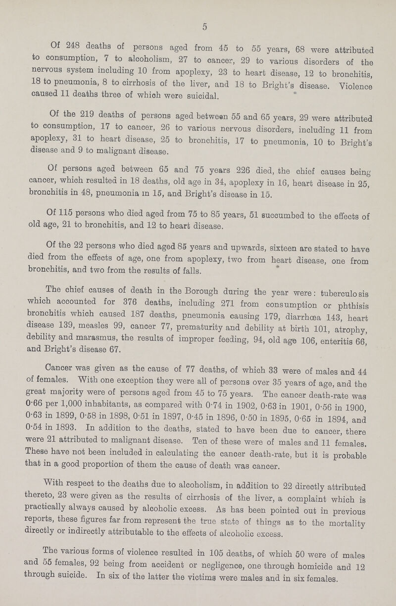 5 Of 248 deaths of persons aged from 45 to 55 years, 68 were attributed to consumption, 7 to alcoholism, 27 to cancer, 29 to various disorders of the nervous system including 10 from apoplexy, 23 to heart disease, 12 to bronchitis, 18 to pneumonia, 8 to cirrhosis of the liver, and 18 to Bright's disease. Violence caused 11 deaths three of which were suicidal. Of the 219 deaths of persons aged between 55 and 65 years, 29 were attributed to consumption, 17 to cancer, 26 to various nervous disorders, including 11 from apoplexy, 31 to heart disease, 25 to bronchitis, 17 to pneumonia, 10 to Bright's disease and 9 to malignant disease. Of persons aged between 65 and 75 years 226 died, the chief causes being cancer, which resulted in 18 deaths, old age in 34, apoplexy in 16, heart disease in 25, bronchitis in 48, pneumonia in 15, and Bright's disease in 15. Of 115 persons who died aged from 75 to 85 years, 51 succumbed to the effects of old age, 21 to bronchitis, and 12 to heart disease. Of the 22 persons who died aged 85 years and upwards, sixteen are stated to have died from the effects of age, one from apoplexy, two from heart disease, one from bronchitis, and two from the results of falls. The chief causes of death in the Borough during the year were: tuberculo sis which accounted for 376 deaths, including 271 from consumption or phthisis bronchitis which caused 187 deaths, pneumonia causing 179, diarrhoea 143, heart disease 139, measles 99, cancer 77, prematurity and debility at birth 101, atrophy, debility and marasmus, the results of improper feeding, 94, old age 106, enteritis 66, and Bright's disease 67. Cancer was given as the cause of 77 deaths, of which 33 were of males and 44 of females. With one exception they were all of persons over 35 years of age, and the great majority were of persons aged from 45 to 75 years. The cancer death-rate was 0.66 per 1,000 inhabitants, as compared with 0.74 in 1902, 0.63 in 1901, 0.56 in 1900, 0.63 in 1899, 0.58 in 1898, 0.51 in 1897, 0.45 in 1896, 0.50 in 1895, 0.65 in 1894, and 0.54 in 1893. In addition to the deaths, stated to have been due to cancer, there were 21 attributed to malignant disease. Ten of these were of males and 11 females. These have not been included in calculating the cancer death-rate, but it is probable that in a good proportion of them the cause of death was cancer. With respect to the deaths due to alcoholism, in addition to 22 direotly attributed thereto, 23 were given as the results of cirrhosis of the liver, a complaint which is practically always caused by alcoholic excess. As has been pointed out in previous reports, these figures far from represent the true state of things as to the mortality directly or indirectly attributable to the effects of alcoholic excess. The various forms of violence resulted in 105 deaths, of which 50 were of males and 55 females, 92 being from accident or negligence, one through homicide and 12 through suicide. In six of the latter the victims were males and in six females.