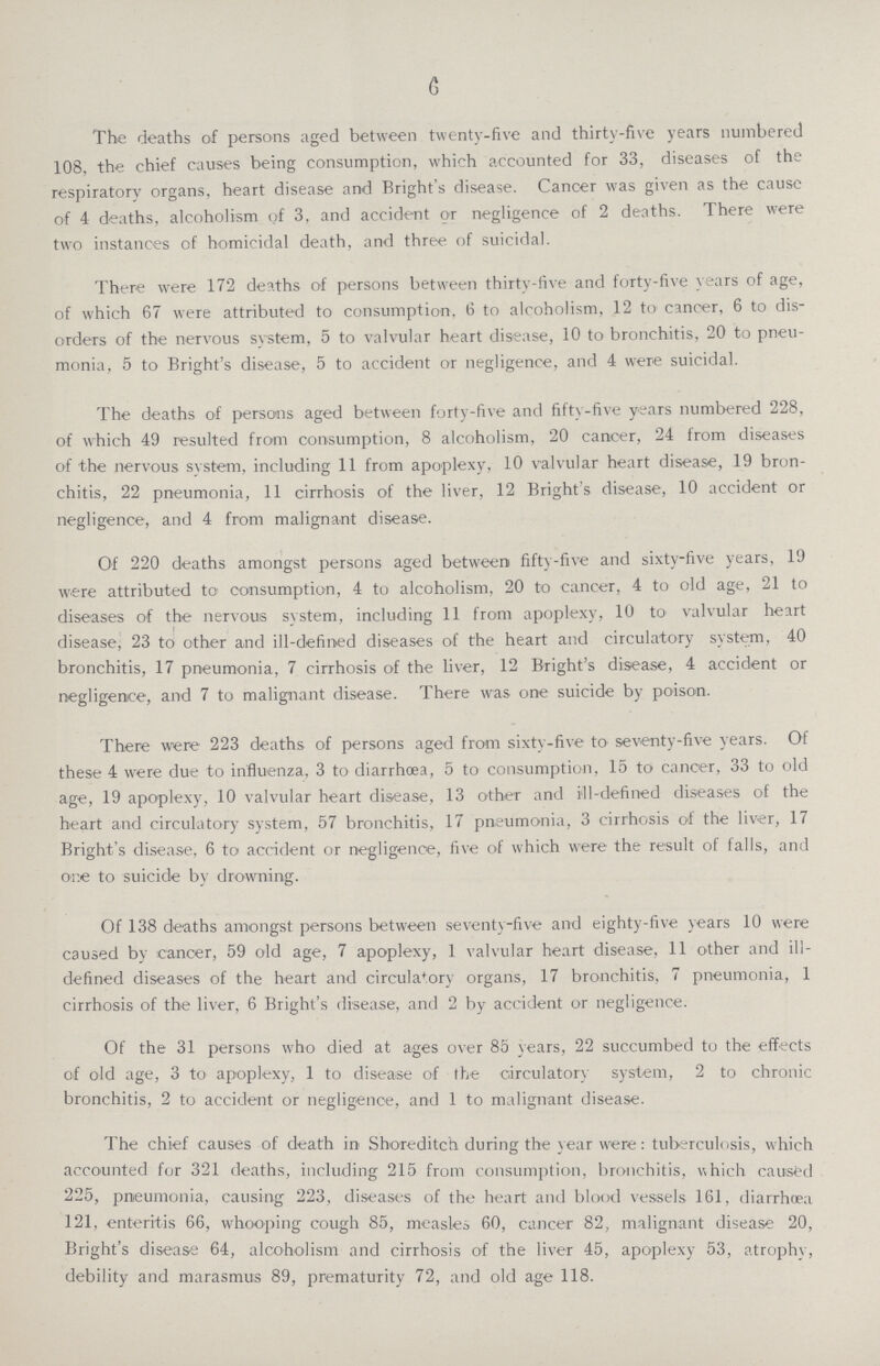 6 The deaths of persons aged between twenty-five and thirty-five years numbered 108, the chief causes being consumption, which accounted for 33, diseases of the respiratory organs, heart disease and Bright's disease. Cancer was given as the cause of 4 deaths, alcoholism of 3, and accident or negligence of 2 deaths. There were two instances of homicidal death, and three of suicidal. There were 172 deaths of persons between thirty-five and forty-five years of age, of which 67 were attributed to consumption. 6 to alcoholism. 12 to cancer, 6 to dis orders of the nervous system, 5 to valvular heart disease, 10 to bronchitis, 20 to pneu monia, 5 to Bright's disease, 5 to accident or negligence, and 4 were suicidal. The deaths of persons aged between forty-five and fifty-five years numbered 228, of which 49 resulted from consumption, 8 alcoholism, 20 cancer, 24 from diseases of the nervous system, including 11 from apoplexy, 10 valvular heart disease, 19 bron chitis, 22 pneumonia, 11 cirrhosis of the liver, 12 Bright's disease, 10 accident or negligence, and 4 from malignant disease. Of 220 deaths amongst persons aged between fifty-five and sixty-five years, 19 were attributed to consumption, 4 to alcoholism, 20 to cancer, 4 to old age, 21 to diseases of the nervous system, including 11 from apoplexy, 10 to valvular heart disease; 23 to other and ill-defined diseases of the heart and circulatory system, 40 bronchitis, 17 pneumonia, 7 cirrhosis of the liver, 12 Bright's disease, 4 accident or negligence, and 7 to malignant disease. There was one suicide by poison. There were 223 deaths of persons aged from sixty-five to seventy-five years. Of these 4 were due to influenza, 3 to diarrhoea, 5 to consumption, 15 to cancer, 33 to old age, 19 apoplexy, 10 valvular heart disease, 13 other and ill-defined diseases of the heart and circulatory system, 57 bronchitis, 17 pneumonia, 3 cirrhosis of the liver, 17 Bright's disease, 6 to accident or negligence, five of which were the result of falls, and one to suicide by drowning. Of 138 deaths amongst persons between seventy-five and eighty-five years 10 were caused by cancer, 59 old age, 7 apoplexy, 1 valvular heart disease, 11 other and ill defined diseases of the heart and circulatory organs, 17 bronchitis, 7 pneumonia, 1 cirrhosis of the liver, 6 Bright's disease, and 2 by accident or negligence. Of the 31 persons who died at ages over 85 years, 22 succumbed to the effects of old age, 3 to apoplexy, 1 to disease of the circulatory system, 2 to chronic bronchitis, 2 to accident or negligence, and 1 to malignant disease. The chief causes of death in Shoreditch during the year were: tuberculosis, which accounted for 321 deaths, including 215 from consumption, bronchitis, which caused 225, pneumonia, causing 223, diseases of the heart and blood vessels 161, diarrhoea 121, enteritis 66, whooping cough 85, measles 60, cancer 82, malignant disease 20, Bright's disease 64, alcoholism and cirrhosis of the liver 45, apoplexy 53, atrophy, debility and marasmus 89, prematurity 72, and old age 118.